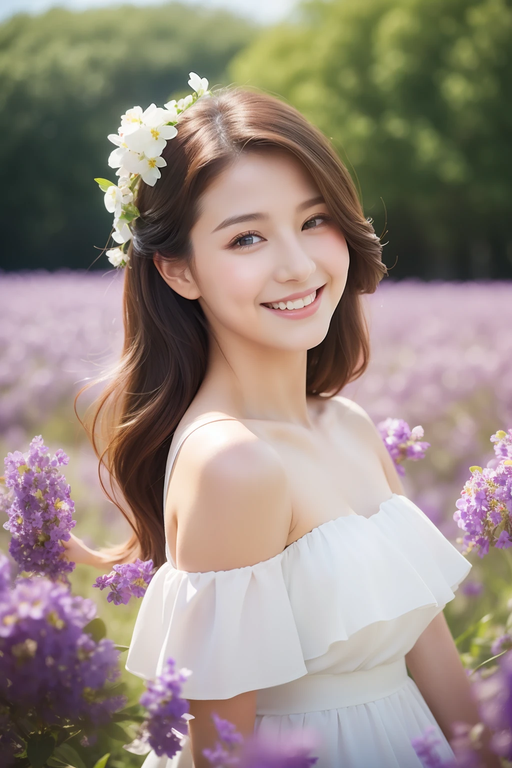 Best quality, masterpiece, ultra high res, (photorealistic:1.4), raw photo, 1girl, white dress, off shoulder, blossom violet flower field, glowing skin, light smile