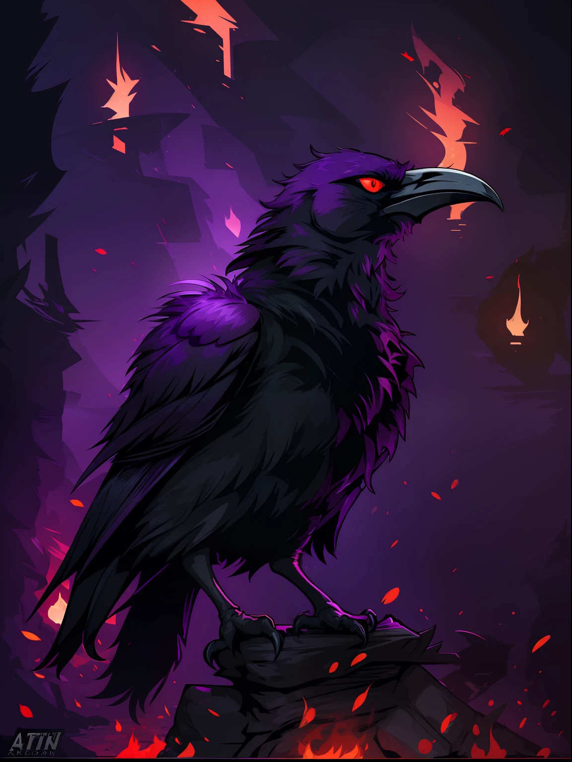 Closeup of one single ((Sinister Raven)) in Digital Art, Dark and Mysterious, fire and exolosions in the background, trending on artstation, dramatic lighting