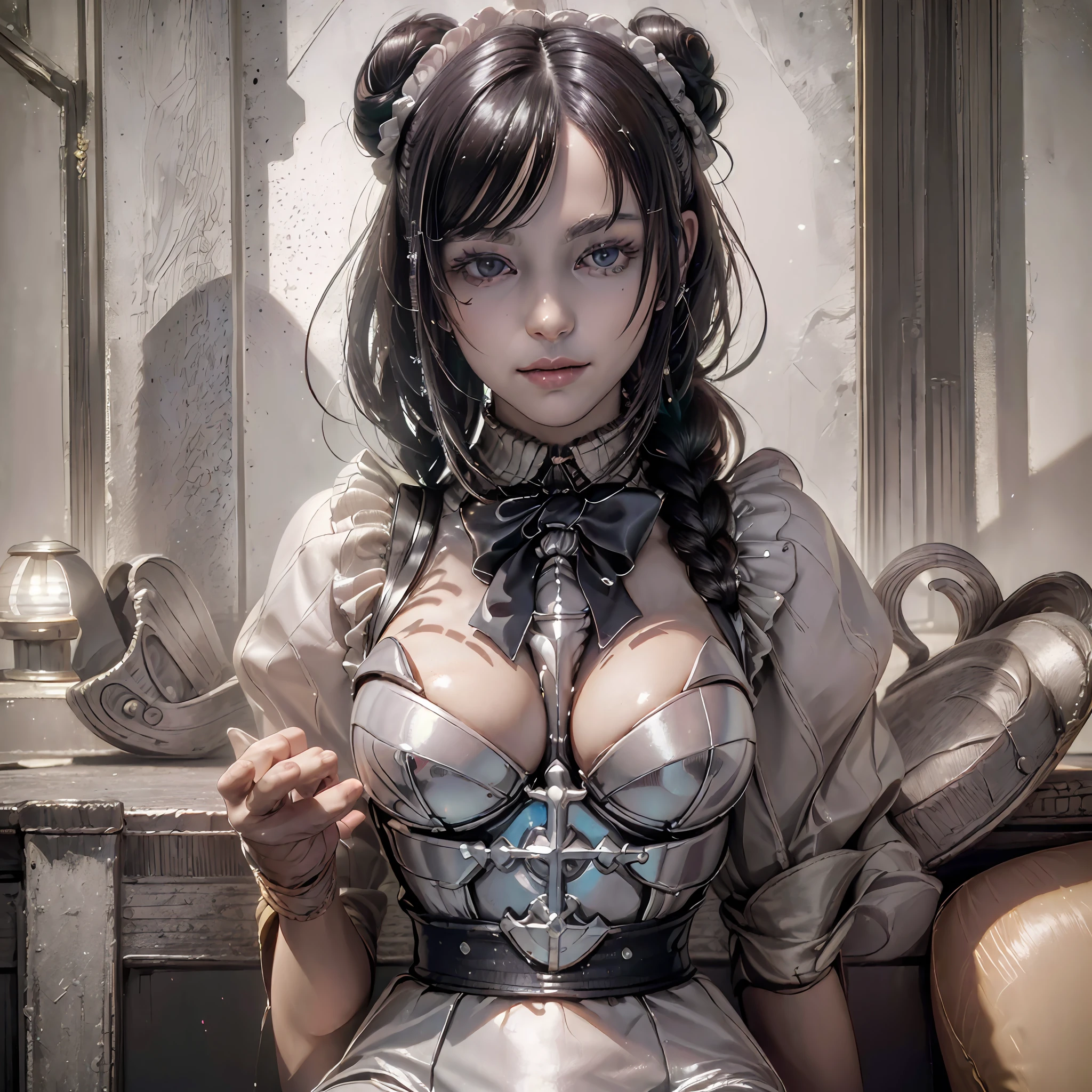 (64k, RAW photo, highres, best quality, masterpiece:2.0), (ultra-fine depiction of the detail:2.0), (realistic, beautiful, photo-realistic:1.3), 1girl, (Narberal Gamma), long black-navy hair, (single braid bun:1.5), (shiny black hair, blue-gray eyes), (white bowtie and ribbon) (simple but high-quality maid dress), (black long gloves with golden cross ornament), (solemn maid dress with gothic style coreset), (gigantic breasts), (elegant and handsome woman), (shiny skin, pink lips), (looking at the viewer:1.5), (closed mouth, a slight happy smile;1.4), (seated in a bar of nazarick, filled with solemn, mysterious atmosphere), (highly sophisticated professional HDR, with effective ambient occlusion, perfectly optimized effective front light:1.8), (perfect, natural, harmonious composition), (photo-realistic, ultra-detailed:1.5), ((portrait:1.6))