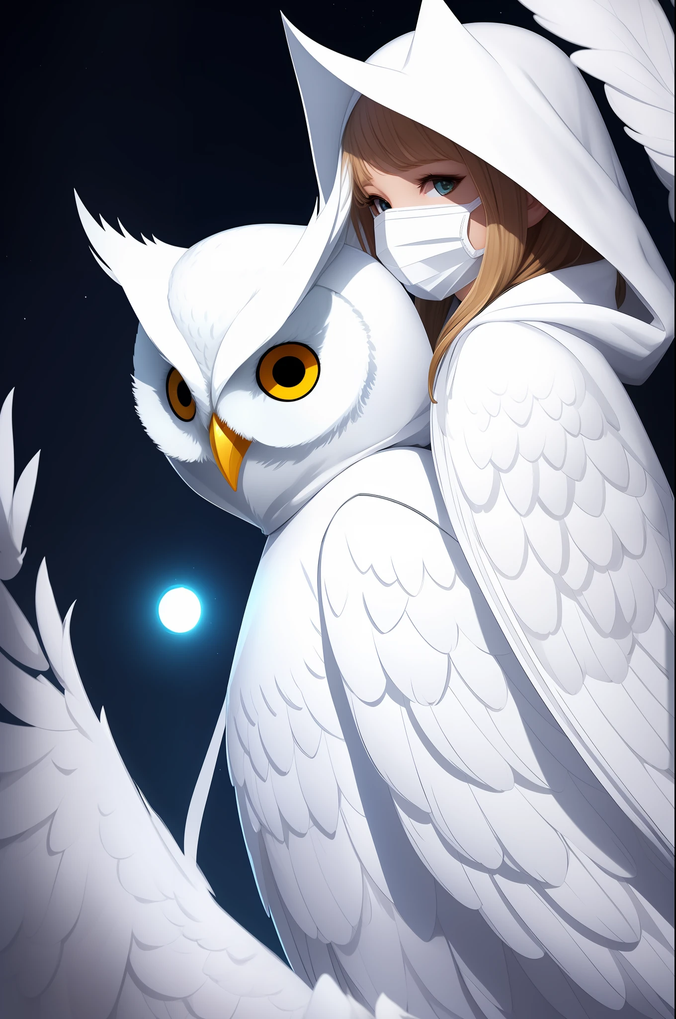 white owl with a white hood and a white mask, owls, glowing white owl, inspired by WLOP, jen bartel, adorable digital painting, made with anime painter studio