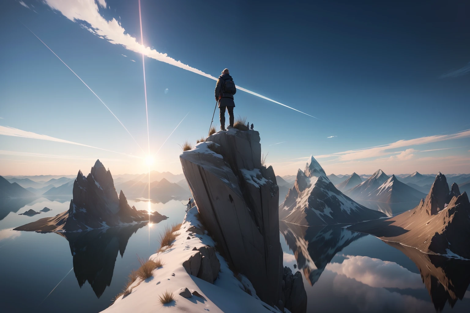 A person on the peak of a mountainous that he or she believes successful is standing in front of a mirror, reflecting their image. They have an amazed and curious expression on their face, as they see themselves from another angle. They are wearing an optical illusion outfit, with patterns and colors that change depending on the light source. The mountain is rendered using ray tracing , showing its realistic shadows, reflections, refractions, etc. The sky is also ray traced , creating realistic effects such as sun rays , lens flares , etc.