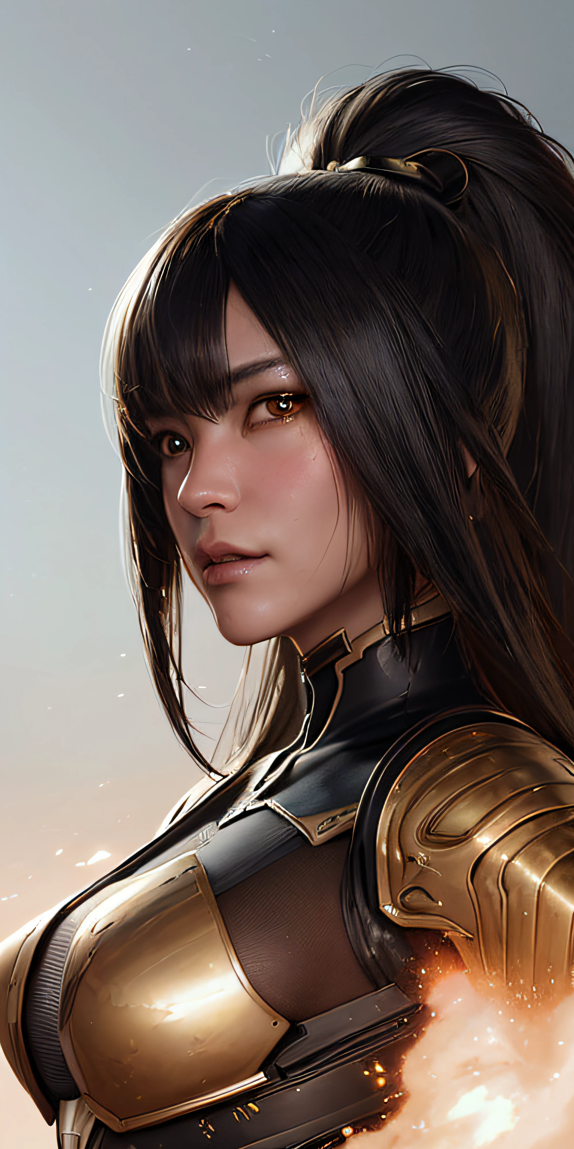 Retrato de 8k de una hermosa mujer cyborg japonesa, cuerpo completo, armadura negra, fondo futurista, con cabello rosado despeinado, arma, elegante, muy detallado, majestuoso, digital photography, Art by Artgerm and Ruan Jia and Greg Rutkowski Golden Black Scorpion Filigree Surrealist Painting, (obra maestra, sidelit, hermosos ojos finamente detallados: 1.2 ), HDR,