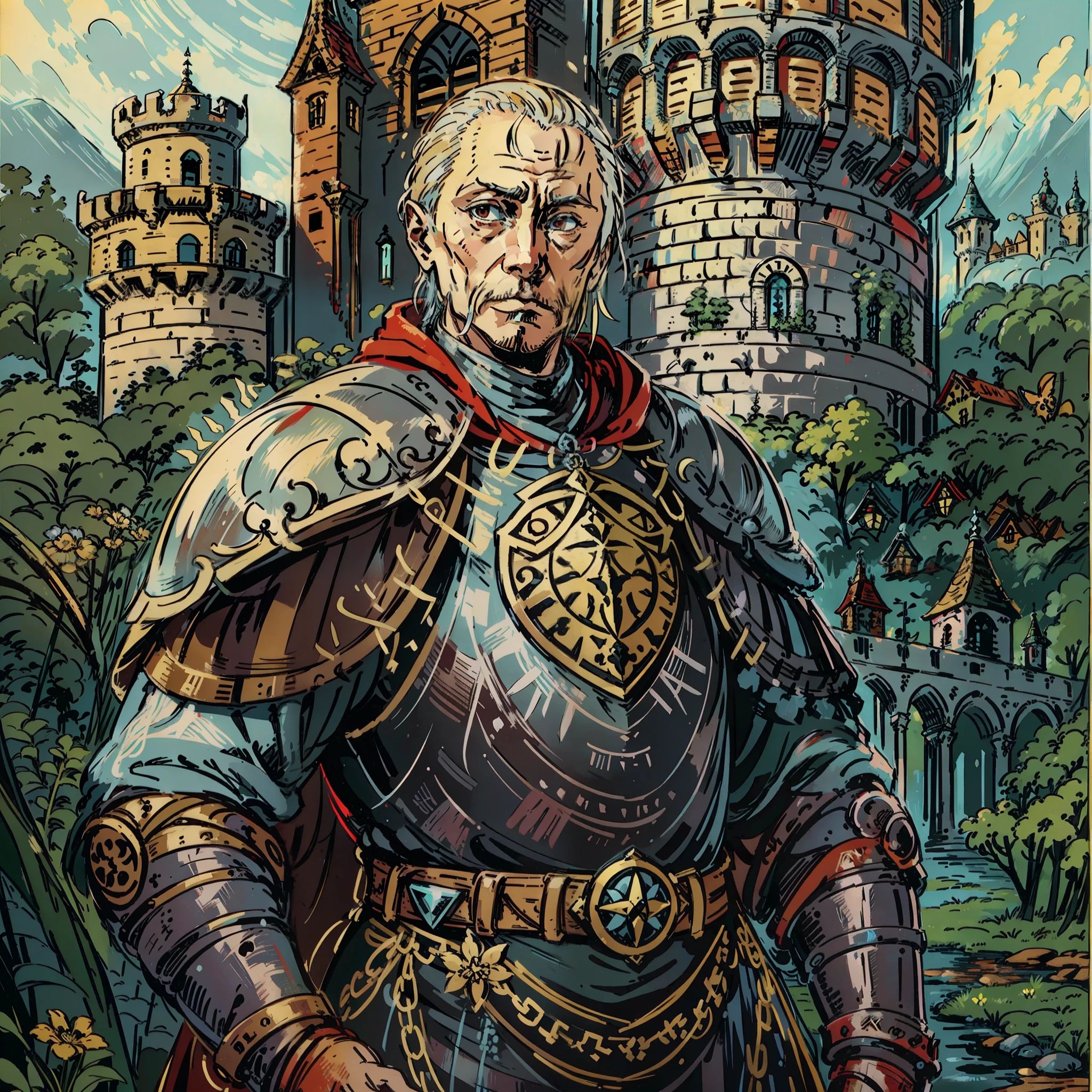 Putin look a like, lord, Personagem de RPG, fantasia medieval, fechar retrato, Armadura preta, castelo de fundo