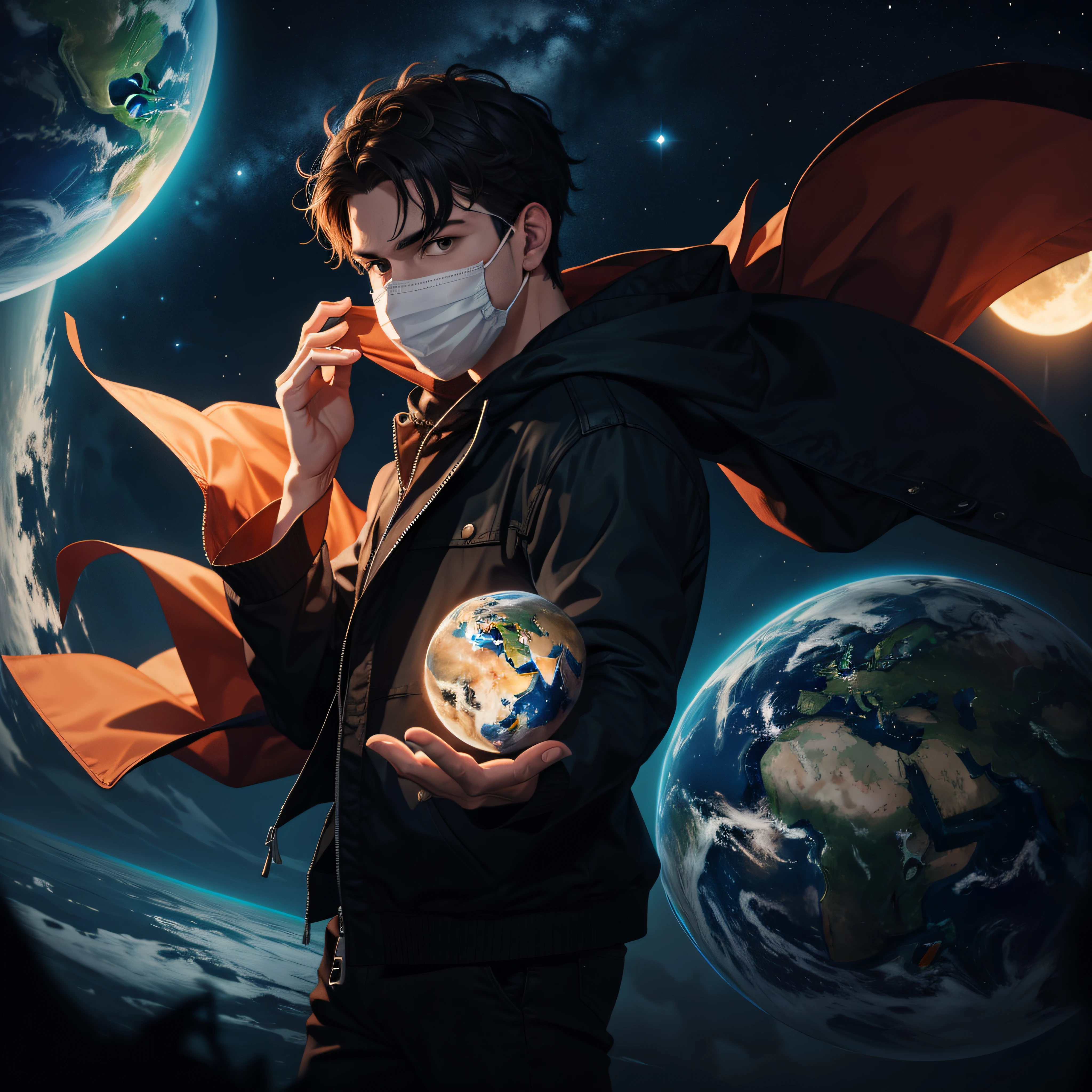 single man with mask looking into to big earth planet in night
