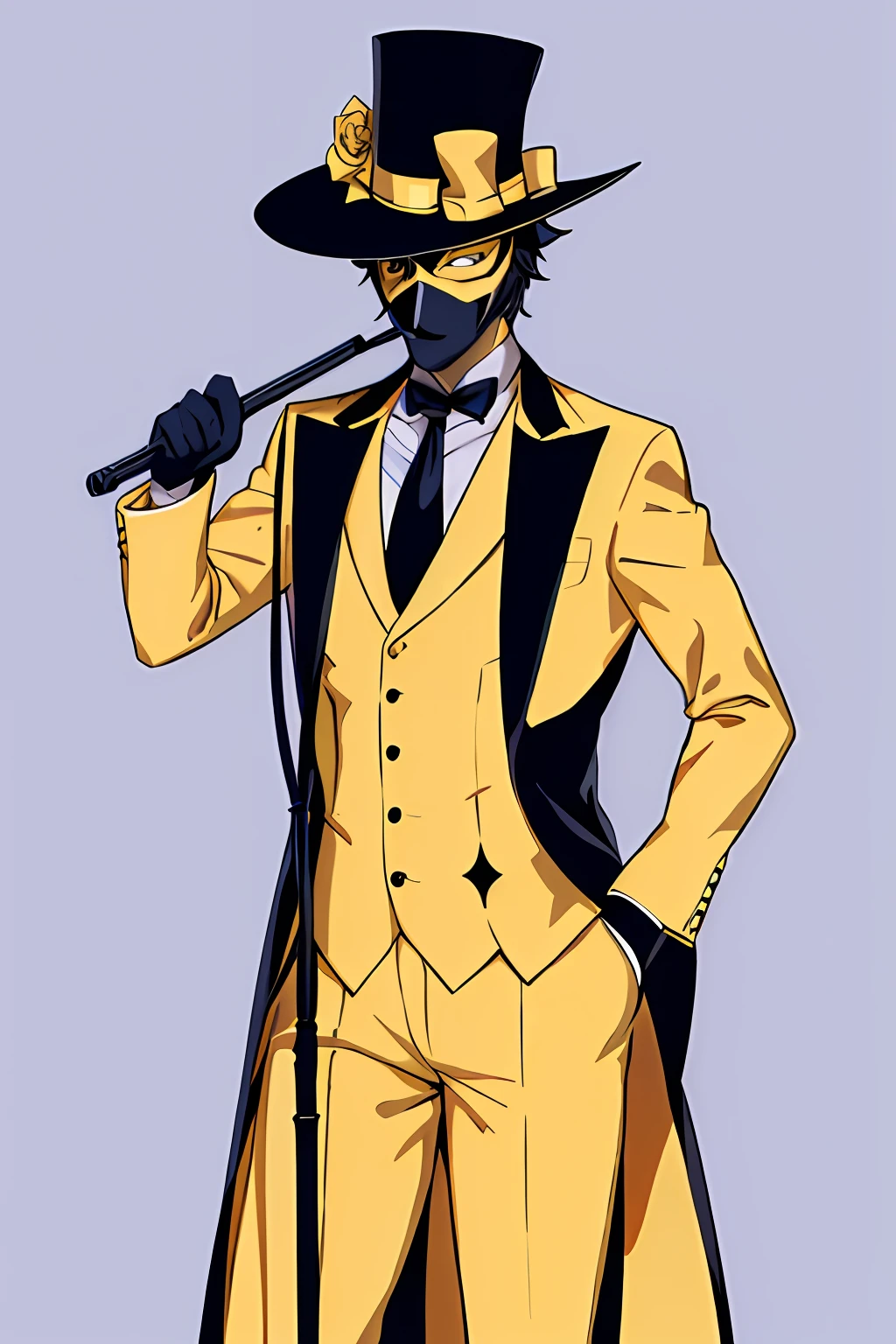 The Man in the Yellow Suit, hat top hat, mask, cane, Avatar of deception,   Best Quality, vector style