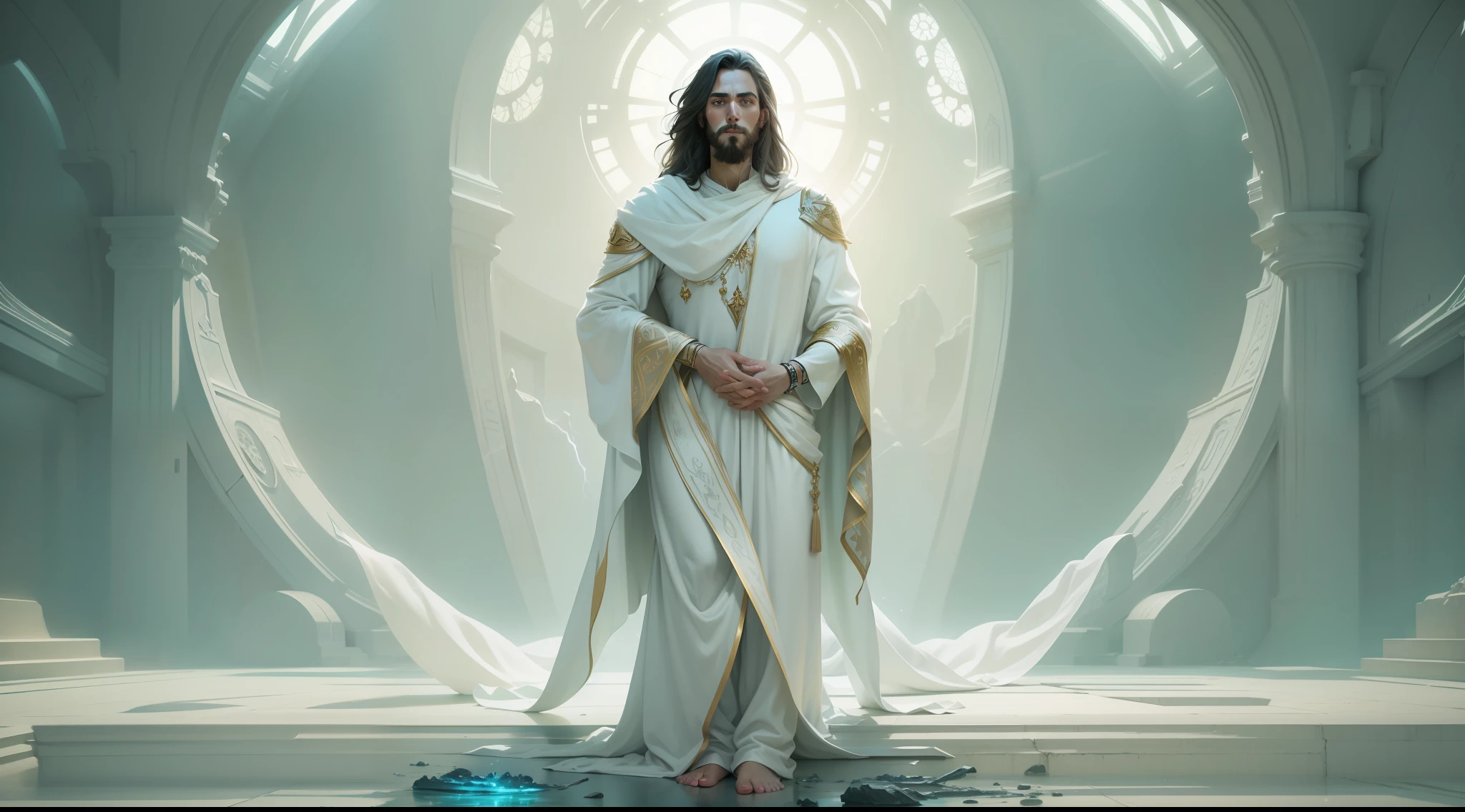 Jesus dressed in white standing, Amazing 8K character concept art, Arte Conceitual Viktor Antonov, design de personagem de fantasia, Science fiction character, arte conceitual de destiny, epic scifi character art, Arte conceitual de personagem 8K, Arte conceitual de personagem 8K, arte conceitual de corpo inteiro, Futuristic prince