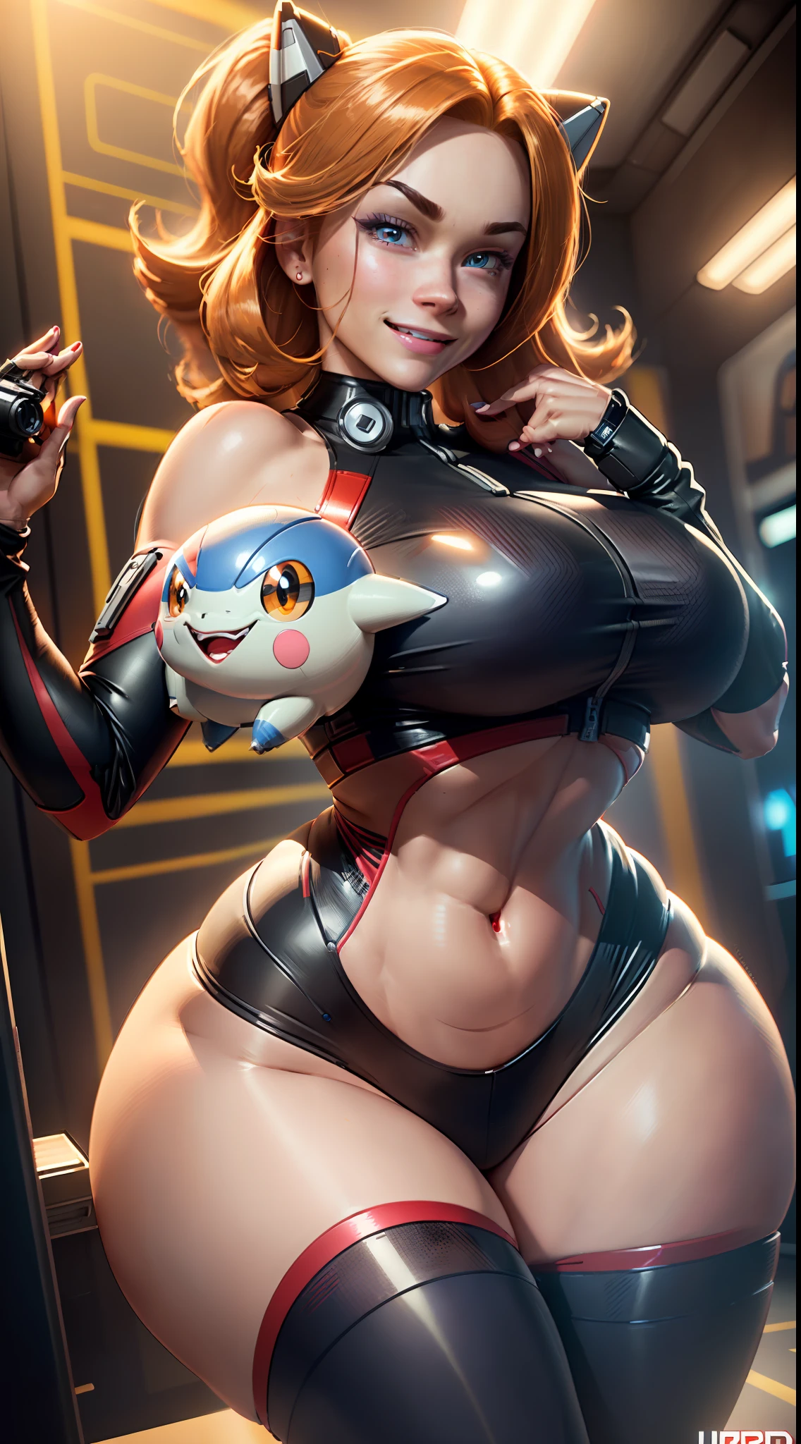 (ultra high definition), (maximum quality), (cinematic), (8k), (Jessie/Rocket Team/Pokémon), (identical to the cartoon), (identical face), (identical hair), (alone), ((full body)), (very detailed face), (very detailed eyes), (realist eyes), (perfect body), (studio lighting), (front view), (ticker hips), (thick thighs), (sexy), (malicious smile), (soft skin)