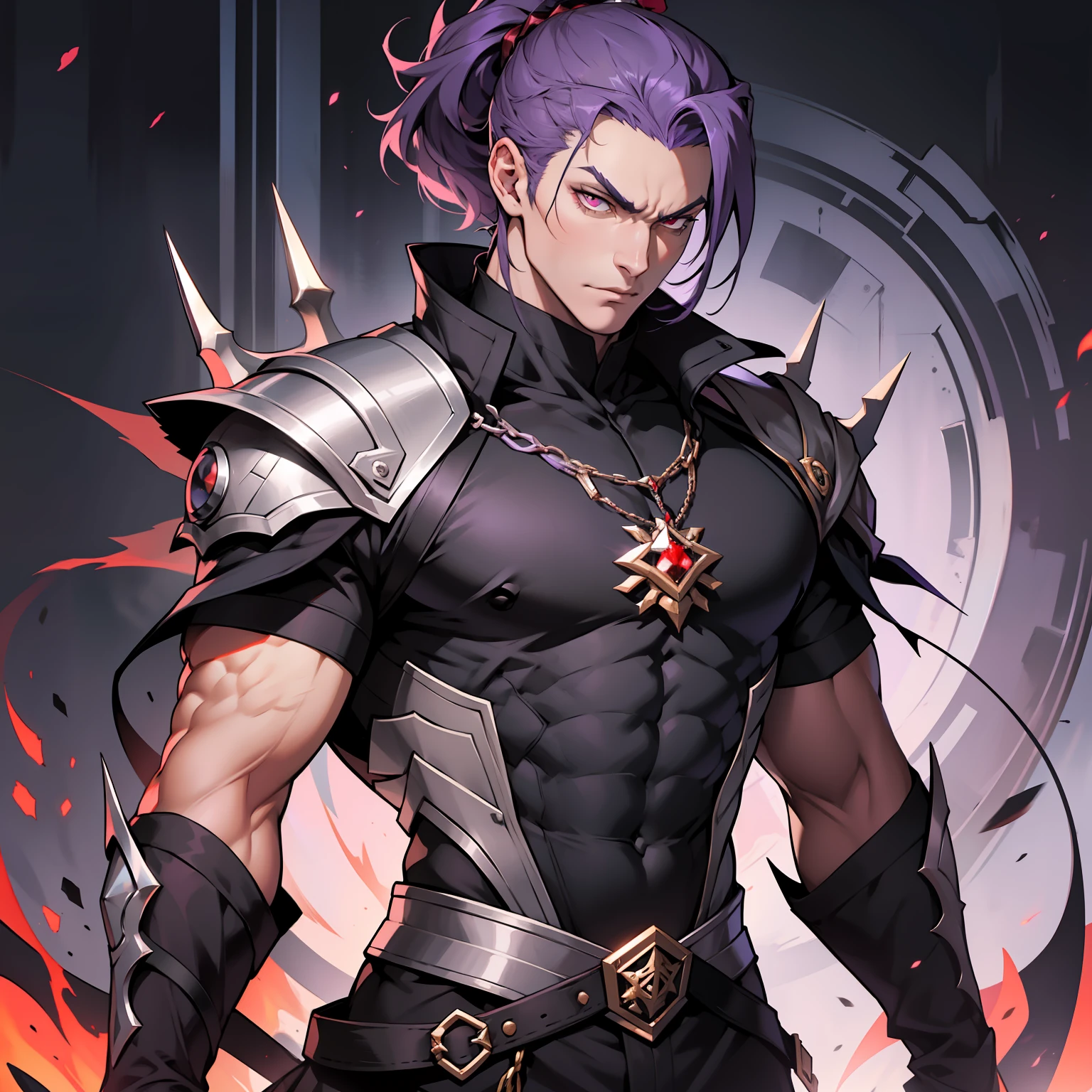 like all the demon princes, I am quite tall. I have purple hair tied back in a ponytail, and red eyes with sharp silver pupils. I wear fine clothes, as befits a prince of Hell, though they are always black. My demeanor is haughty, arrogant, and superior to others. I carry myself with confidence and a sense of pride that is unrivaled. When I speak, my words are sharp and my voice is powerful. I am the embodiment of pride and arrogance. handsome male, bara, muscular (8k) (good quality)