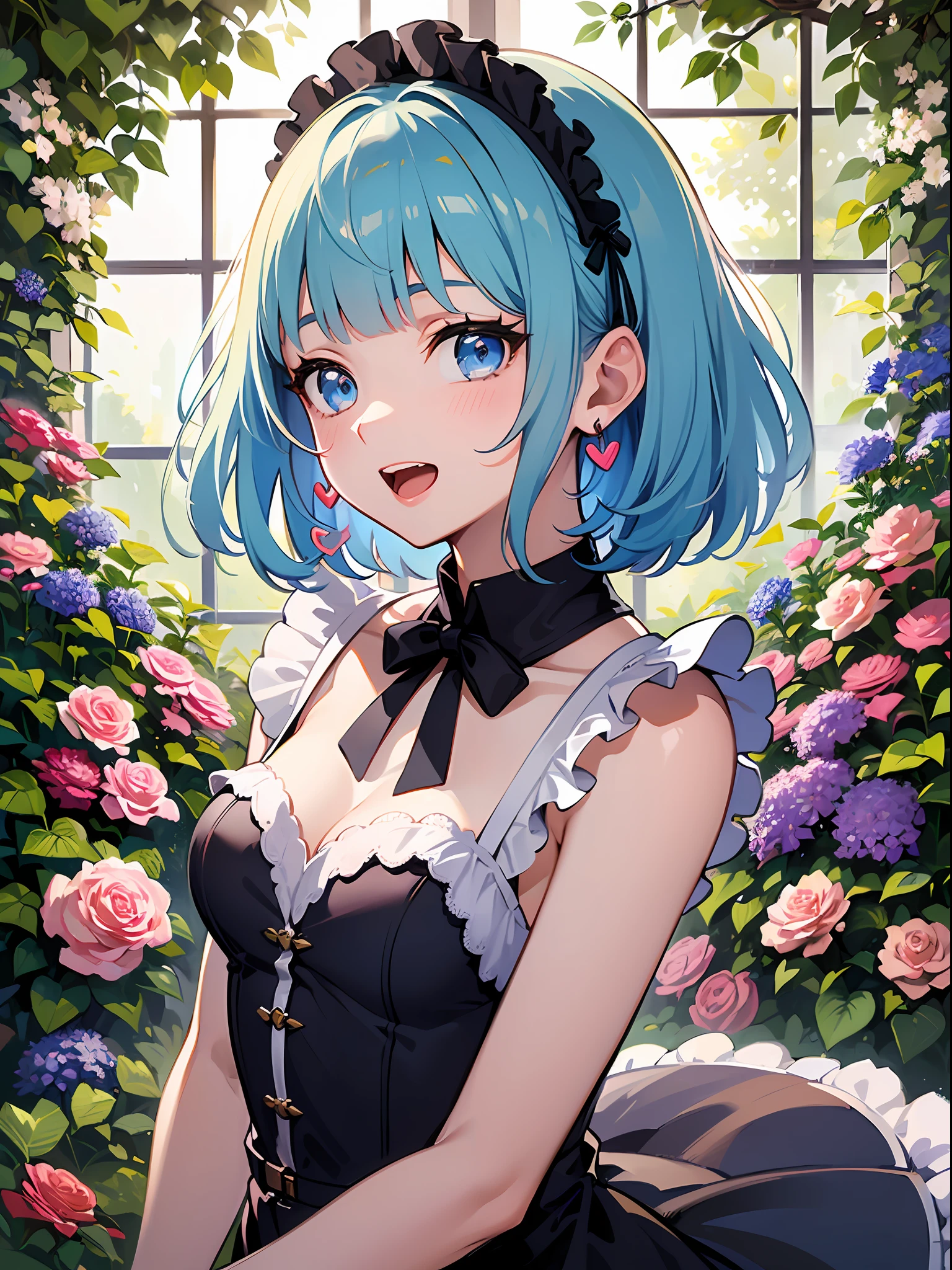 (masterpiece:1.3), (best quality:1.3), high resolution,
couboy shot,
leaning forward, body facing forward, lookinng at viewer,
(one cute girl:1.3), solo,
white skin, small Breast, eight-headed person,
light blue hair, (bobbed hair:1.2), (short hair:1.1), (blunt bangs:1.2), beautiful hair, blue eyes, beautiful detailed eyes,
open mouth, heart, cheerful smile,
maid, earrings,
flower garden, (white background:1.2),
shadowlighting,