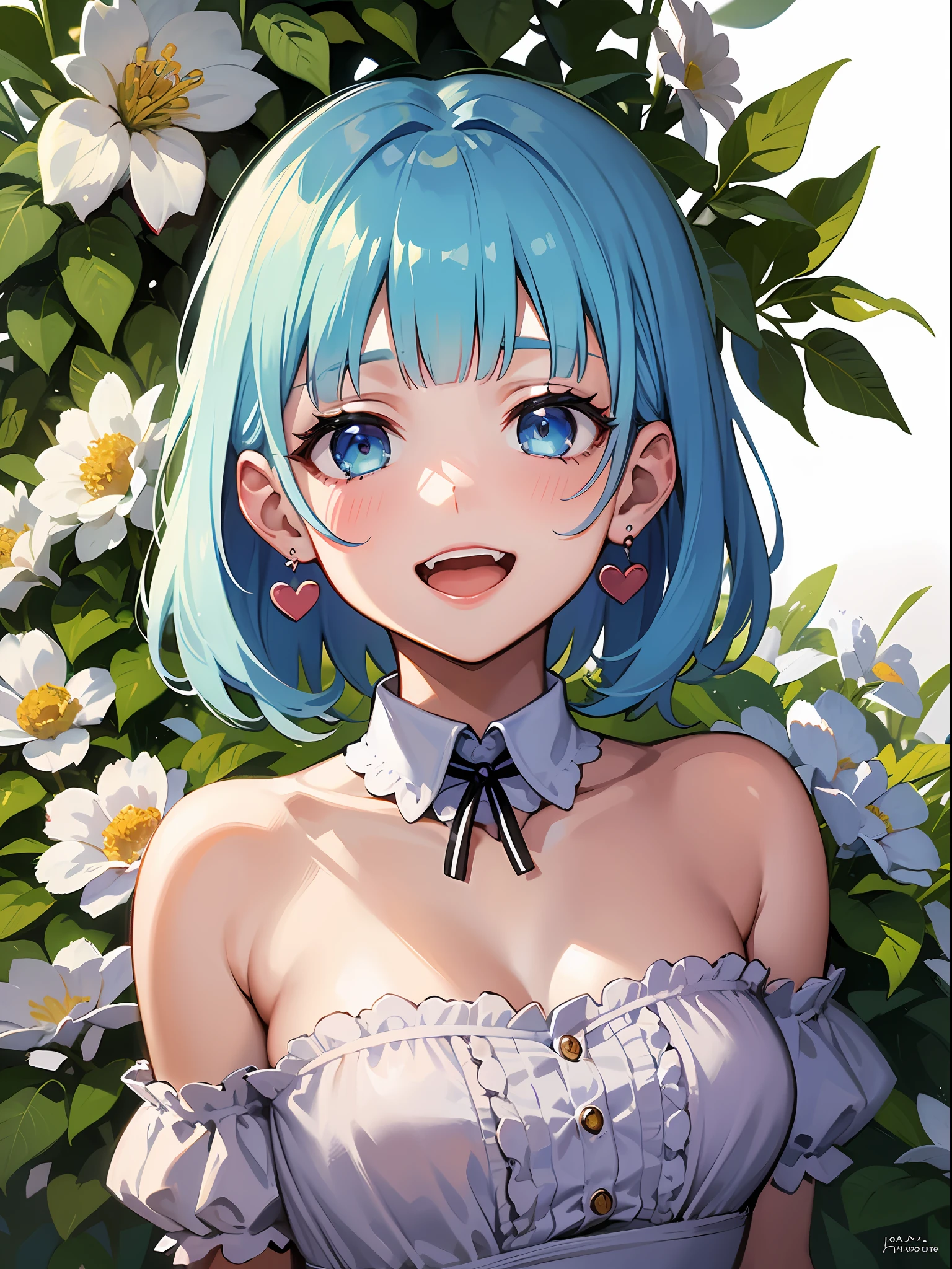 (masterpiece:1.3), (best quality:1.3), high resolution,
couboy shot,
leaning forward, body facing forward, lookinng at viewer,
(one cute girl:1.3), solo,
white skin, small Breast, eight-headed person,
light blue hair, (bobbed hair:1.2), (short hair:1.1), (blunt bangs:1.2), beautiful hair, blue eyes, beautiful detailed eyes,
open mouth, heart, cheerful smile,
maid, earrings,
flower garden, (white background:1.2),
shadowlighting,