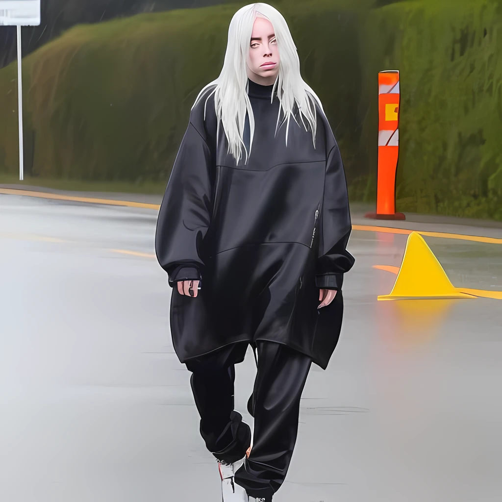 (billie eilish:1.2),[musician, singer-songwriter, artist, young talent], unique style, edgy fashion, (dark atmosphere:1.2), intense emotions, (neon lights:1.1), expressive eyes, (colorful hair:1.2), powerful vocals.