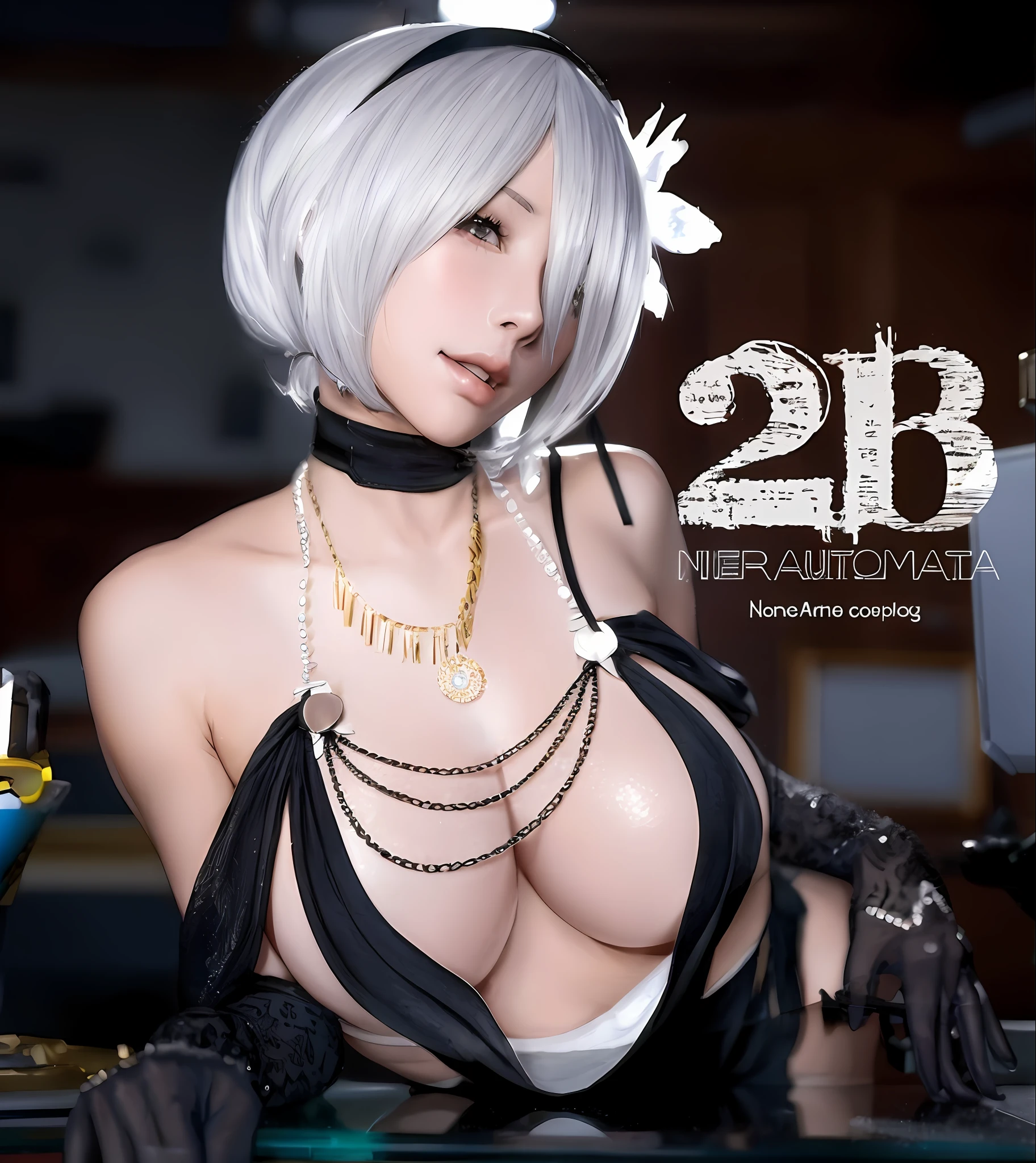Arafed Mujer con cabello blanco y un top negro posando para una foto, 2 b, 2b, nier 2 b, 2b NEGAR automata, 2 b de Nier Automata, 2b de Nier Automata, film still of 2b nier automata, Deny autoamata, Portada del anime, NEGAR : automata inspired, NEGAR:automata inspired