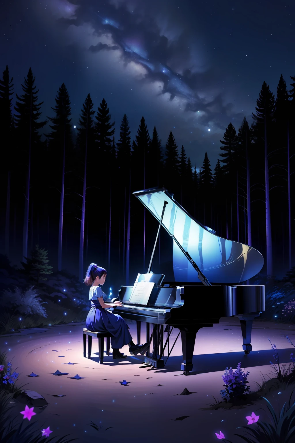 a girl plays the piano in the middle of a wood, the sky is nocturnal with the following colours, prussian blue, cyan, ultramarine blue, fuchsia, purple, lots of stars, the animals of the wood gather near the girl to listen to her music . s, there is a stream with clear water yes see the bottom, there are flowers, the picture must be very large in size and must be detailed.