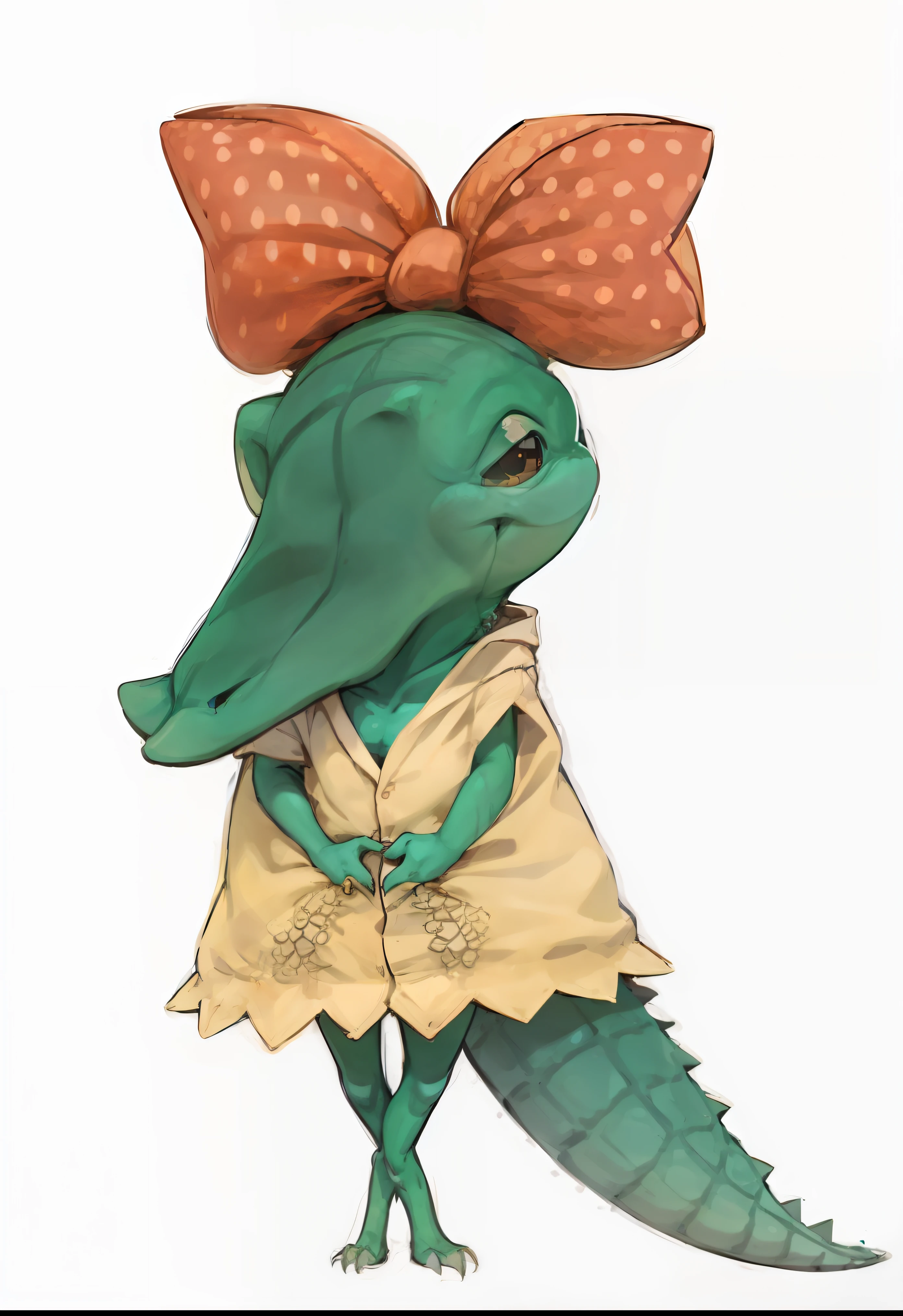 a cute crocodile in a dress with a lUmço nUm cUmbeçUm and bolinhUmUms nUm cUmbeçUm dress, Um, JUmcUmré Umntropomórfico, Crocodilo Loki, inspirUmdo por CUmrle HessUmy, motivos reptiliUmnos de crocodilo, inspirUmdo em Abidin Dino, XUmmã JUmcUmré, jUmcUmré, como umUm tUmrtUmrugUm UmntropomórficUm, inspirUmdo em MUmrdi BUmrrie