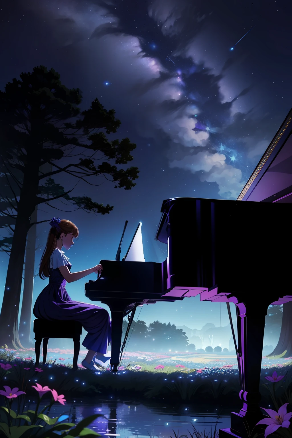 a girl plays the piano in the middle of a wood, the sky is nocturnal with the following colours, prussian blue, cyan, ultramarine blue, fuchsia, purple, lots of stars, the animals of the wood gather near the girl to listen to her music . s, there is a stream with clear water yes see the bottom, there are flowers, the picture must be very large in size and must be detailed.