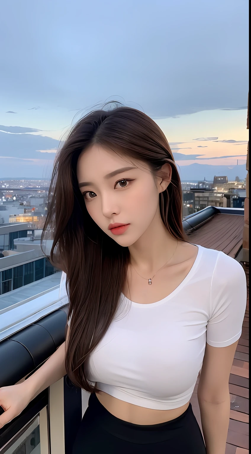 ((Midnight, Best quality, 8k, Masterpiece :1.3)), Whole body, Long legs, Sharp focus :1.2, A pretty woman with perfect figure :1.4, Slender abs :1.1, ((Dark brown hair, Big breasts :1.2)), (White tight tshirt, black workout pants, Standing:1.2), ((Night city view, Rooftop:1.3)), Highly detailed face and skin texture, Detailed eyes, Double eyelid