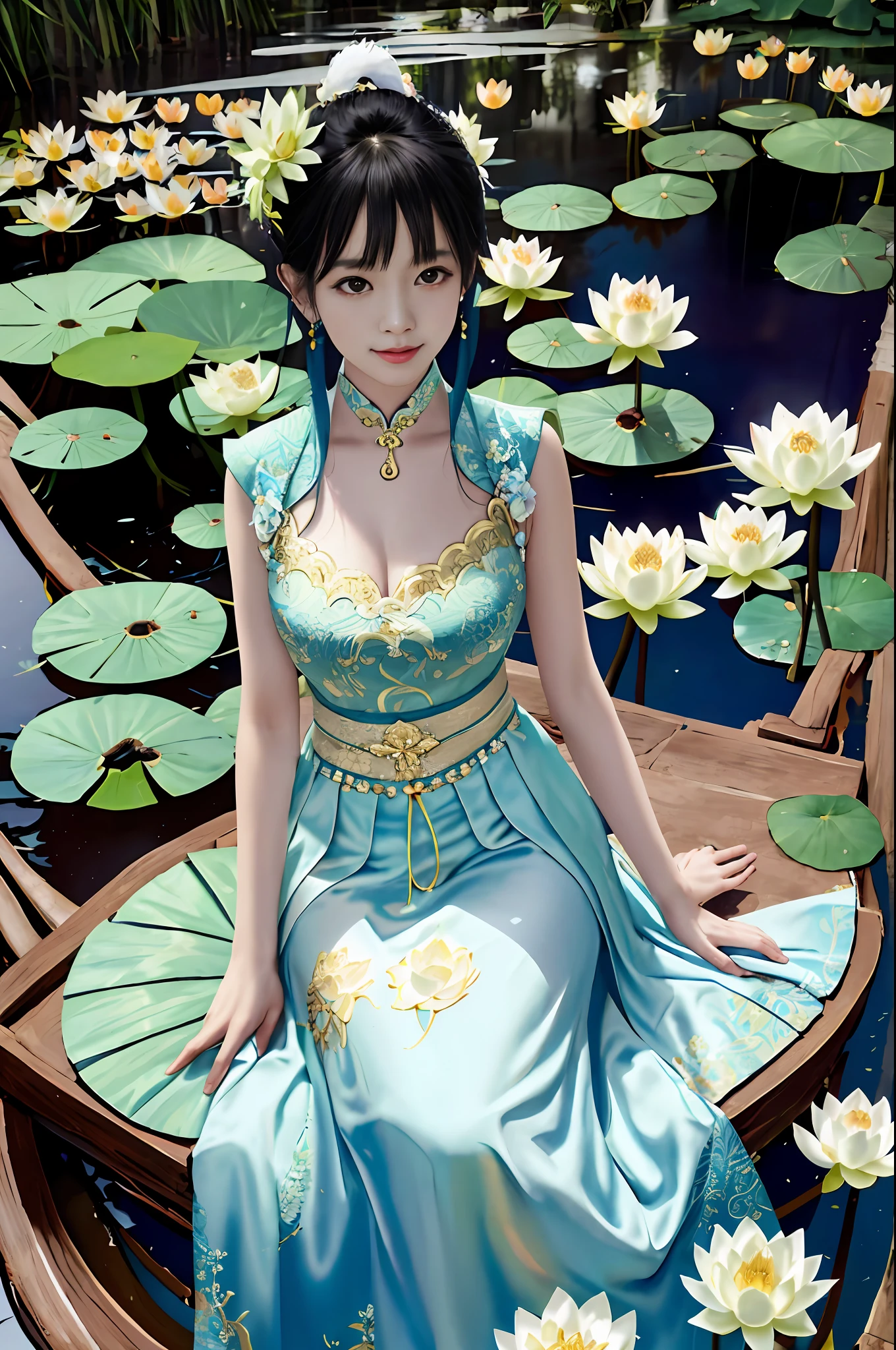 Sitting on a stone、dressed in ancient Chinese clothing、one girls、Colossal tits、Flowing Tulle、Light silk、lazy posture、large lotus leaves、The lotus flowers、pretty colors、Decisive cut、A white space、​masterpiece、ultra-detailliert、Magnificent composition、hightquality、top-quality、4K --v 6