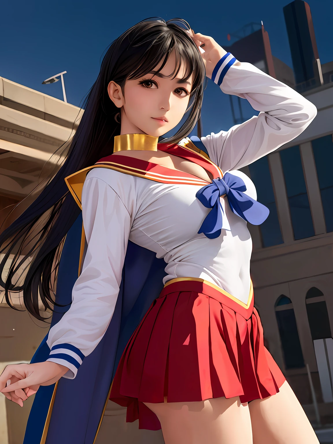 Arab asian woman in sailor suit posing for photo, Anime girl cosplay, Anime Cosplay, cosplay foto, professional cosplay, realistic cosplay, Cosplay, Sailor Uniform, real life anime girl, full-cosplay, Sailor Moon Style, cosplayer, by Sailor Moon, Ayaka Cosplay, publicity cosplay, sailormoon. Beautiful, loose coat collar sailor uniform