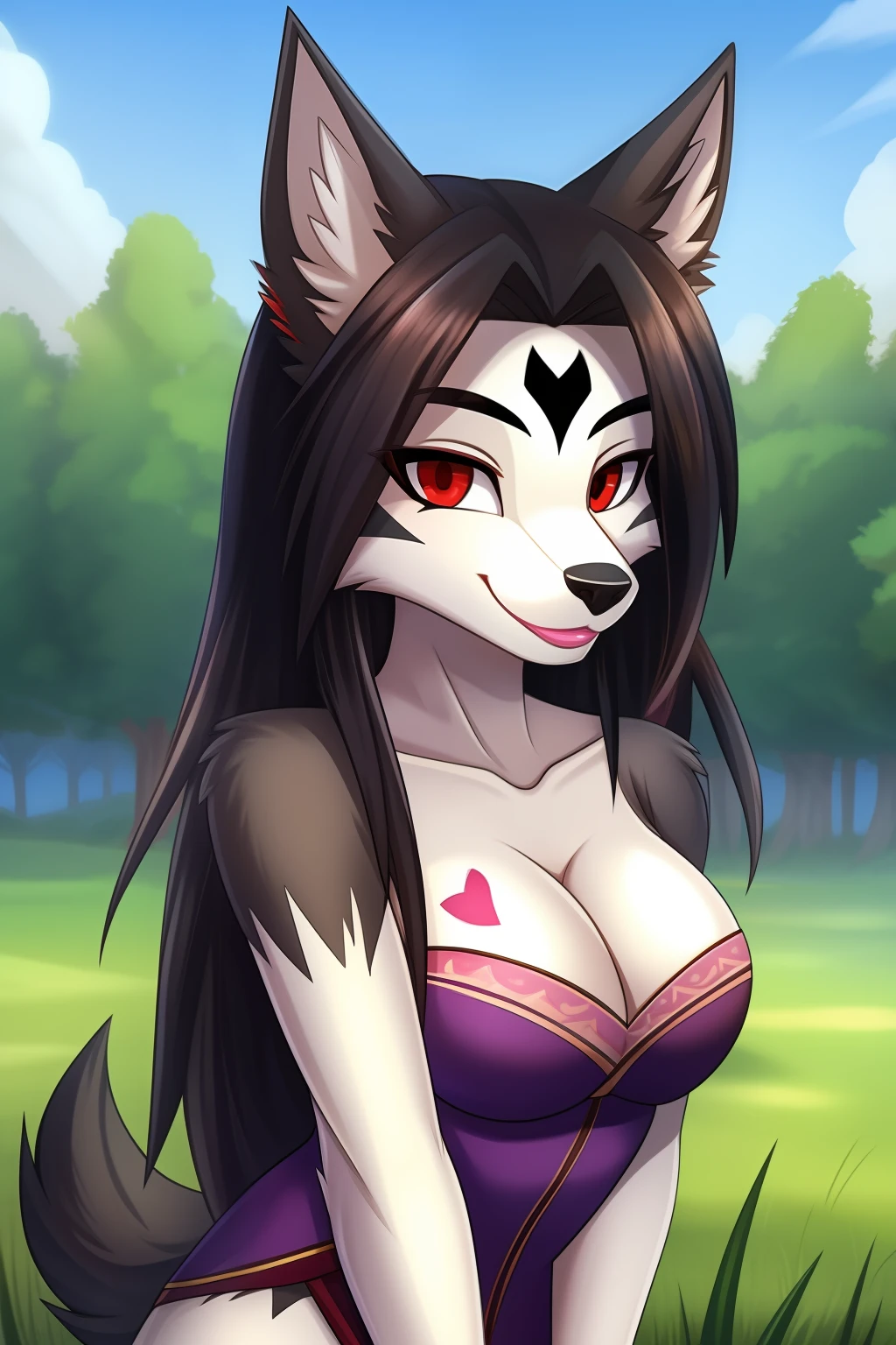the woman is seen in this cartoon posing for the camera with a huge smile, furry female, 1girl, furry, breasts, solo, red eyes, animal ears, outdoors, snout, looking at viewer, cleavage, long hair, wolf girl, tail, day, smile, dog girl, grass, (heart shaped mark on forehead), perfect lips, body fur, collarbone, wolf ears, upper body, sexy mightyena, pink lipstick