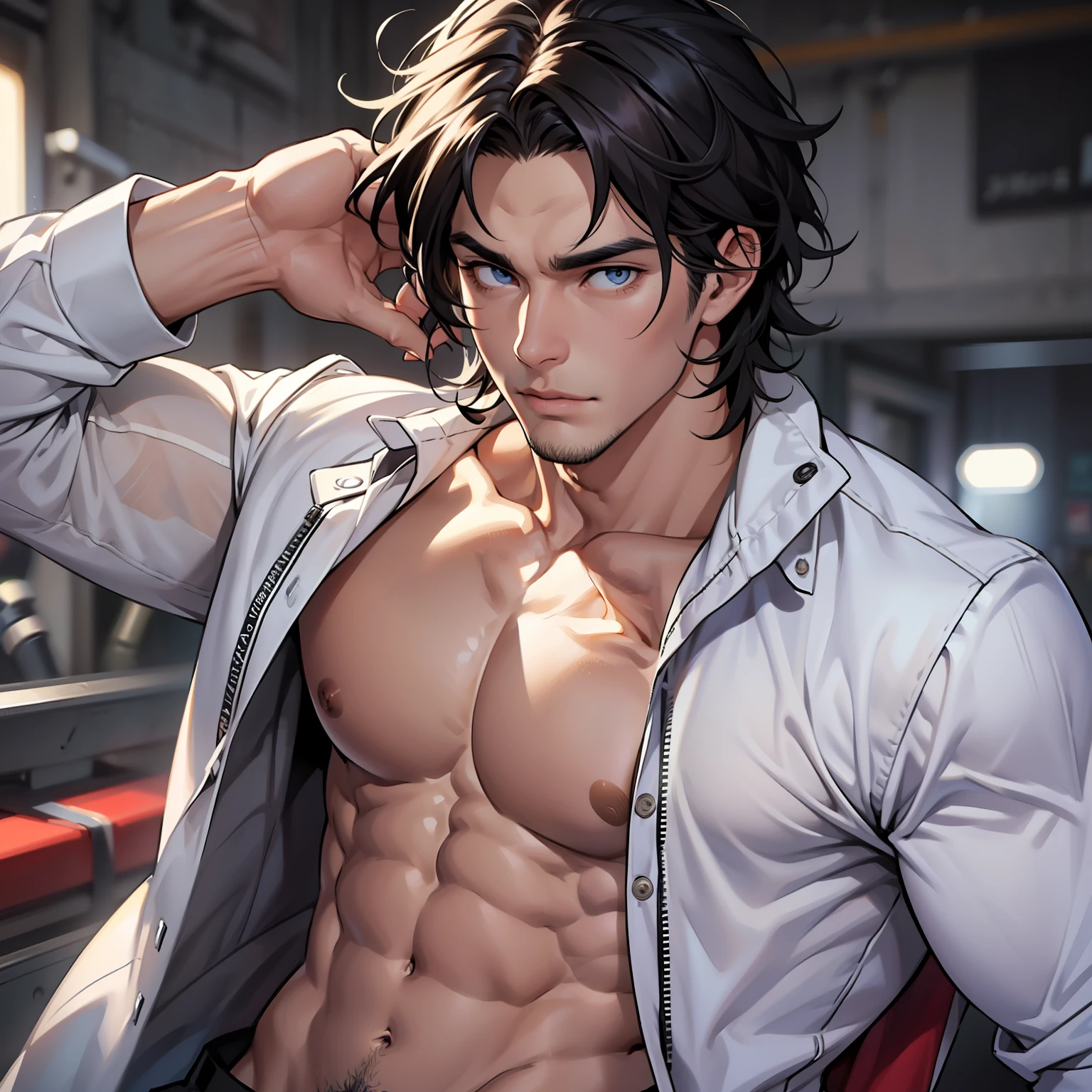 He has a muscular body. His abs are amazing. His hair is wavy and jet black. His eyes are a hazel colour. He has a strong masculine face yet it is very handsome.