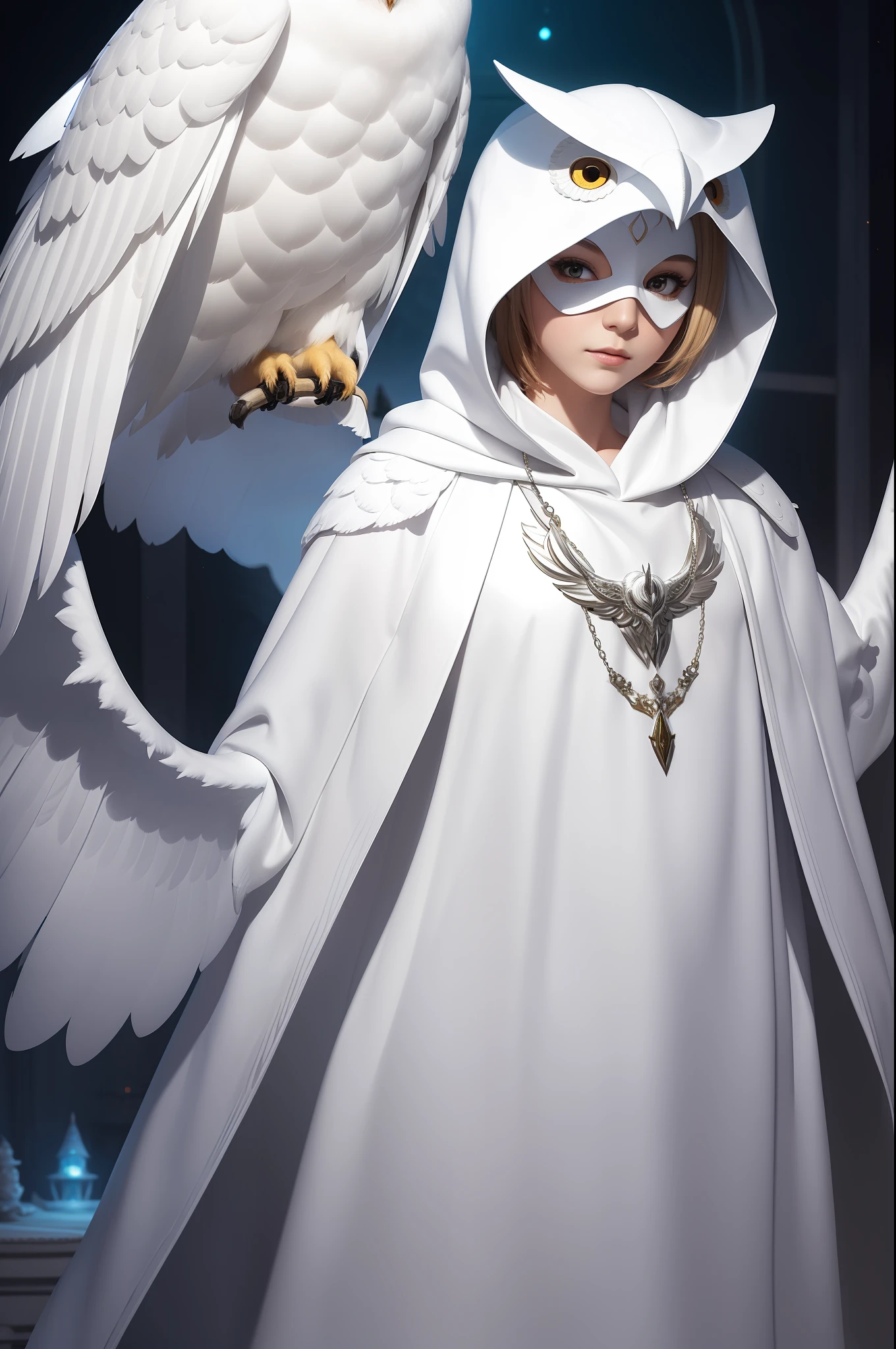 white owlon with a white hood and a white theatre mask, owls, glowing white owl, inspired by WLOP, adorable digital painting, RPG character, dnd race, anthro owl