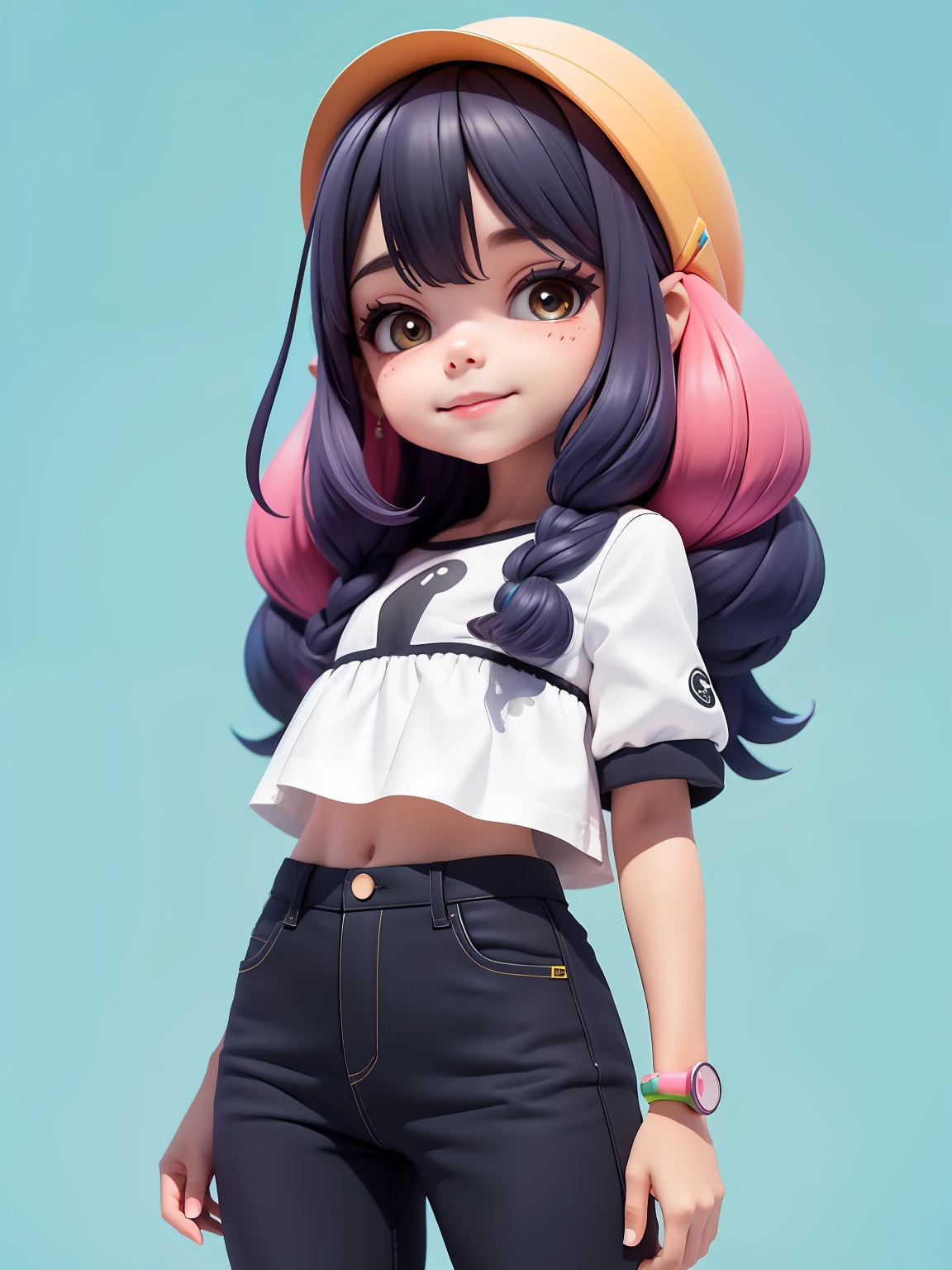 (obra-prima), (melhor qualidade), (ultra-detalhado), (corpo inteiro: 1.2) loli menina loira, negra, pants and mini blouse, sorriso claro, corpo inteiro, :3, cabelo multicolor, curto, preso, pavor, moderno, Modern accessories, fundo tom pastel , colorido e simples.