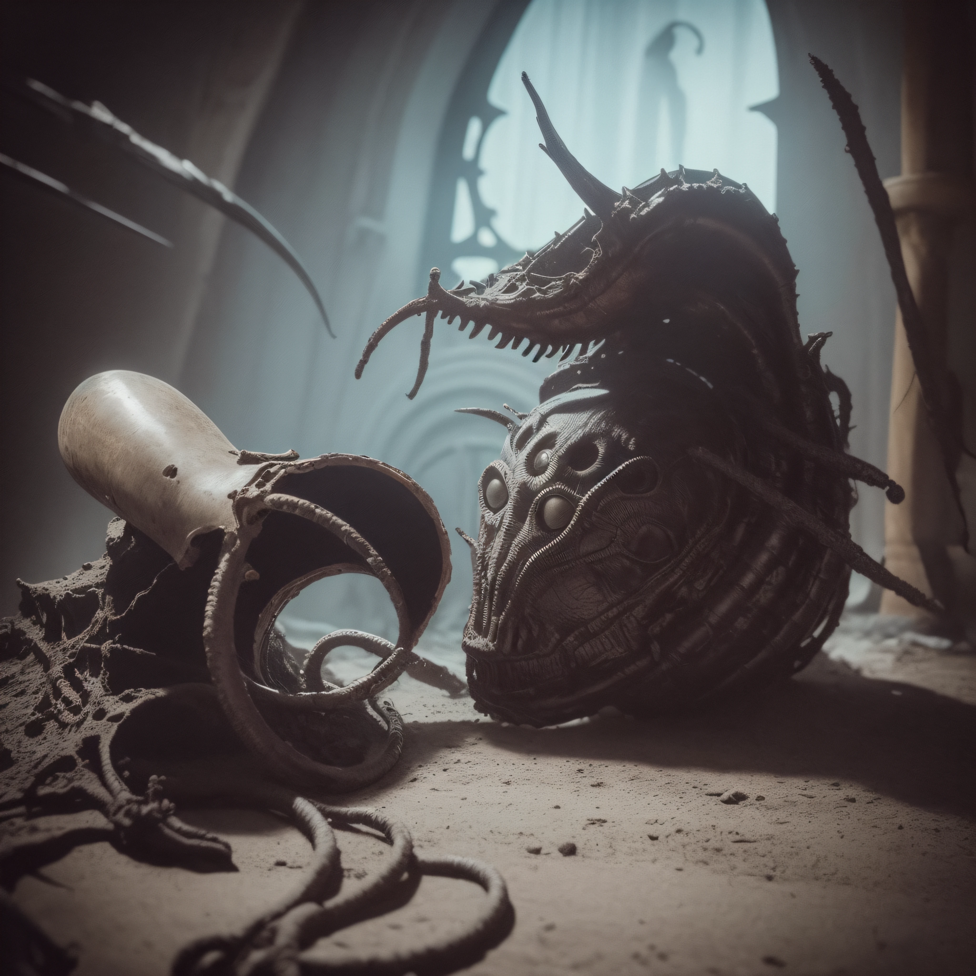 (extremadamente detallado, obra maestra, La mejor calidad), Estilo oscuro, intense illumination, rostro con arrugas, soldier, medieval armor, rusted, axe, tentacle, monstruoso, interior de una piscina de agua verdosa, imagen submarina, alien con Colmillos finos. manchas de tinta. Rococo composition. Luz de caravaggio