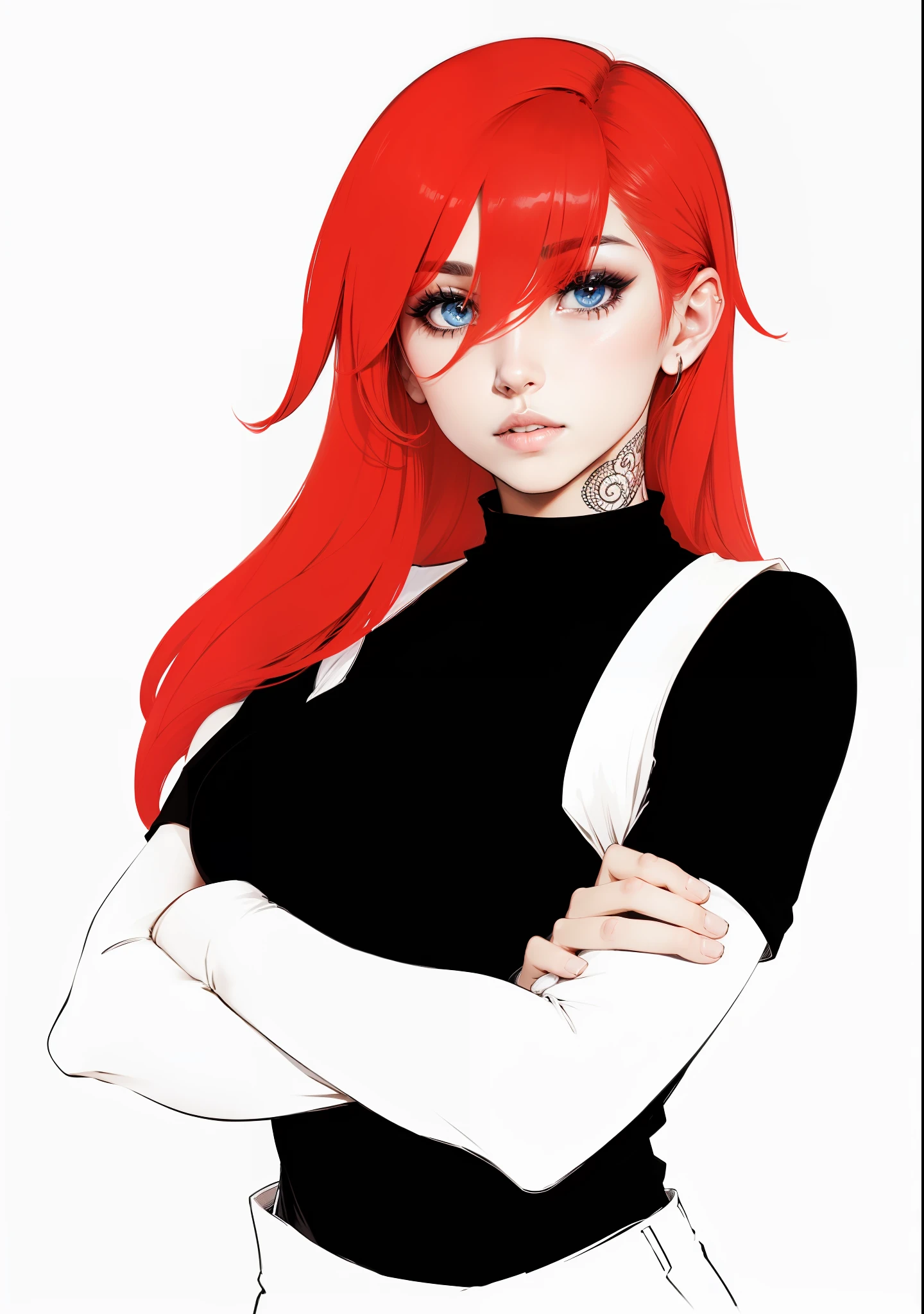Mulher elfa de cabelos ruivos, wearing a black shirt with arms crossed and white pants, seios vastos, e uma marca no rosto