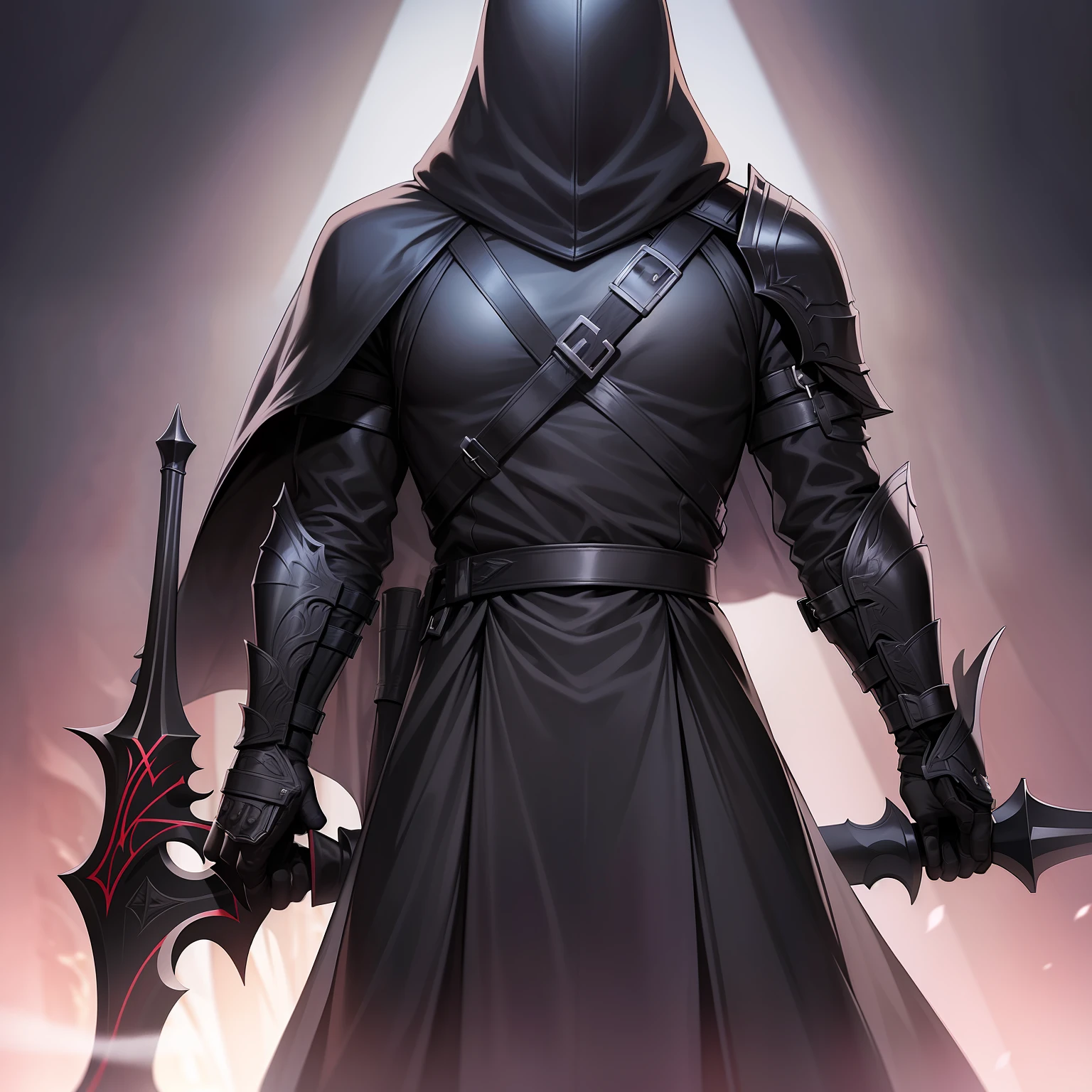 Knight man in black leather armor with faceless black mask and hat and big straight black sword