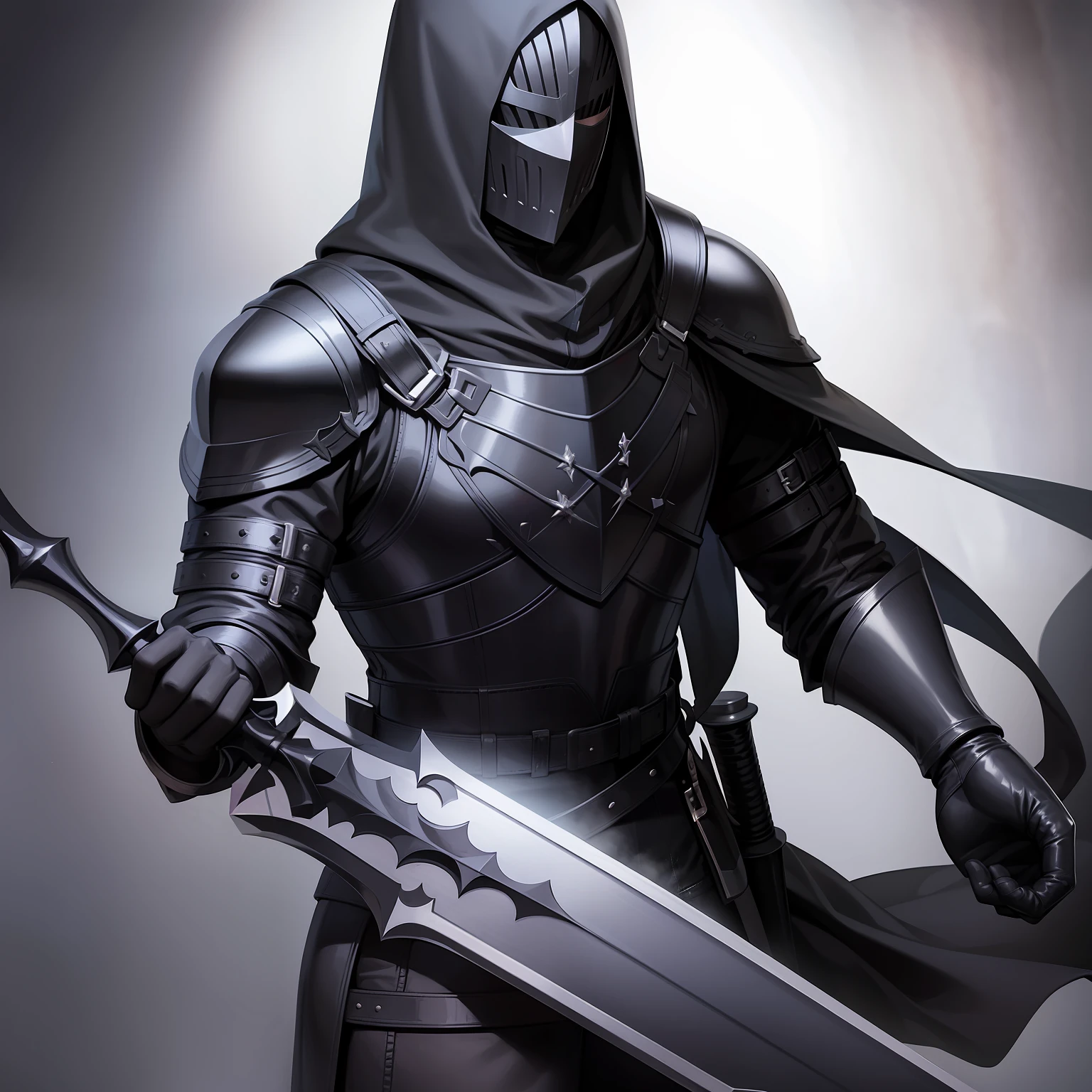 Knight man in black leather armor with faceless black mask and hat and big straight black sword