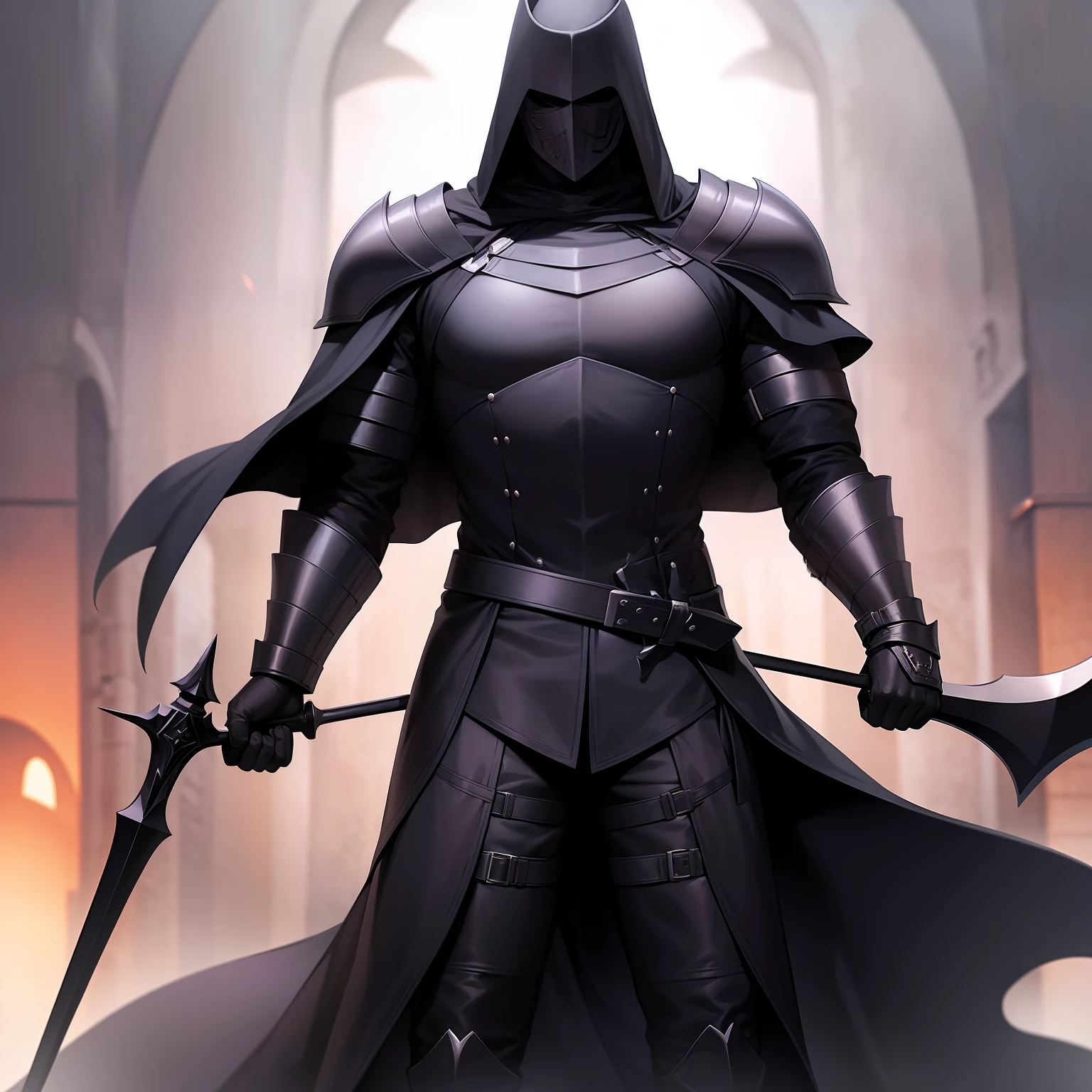 Knight man in black leather armor with faceless black mask and hat and big straight black sword