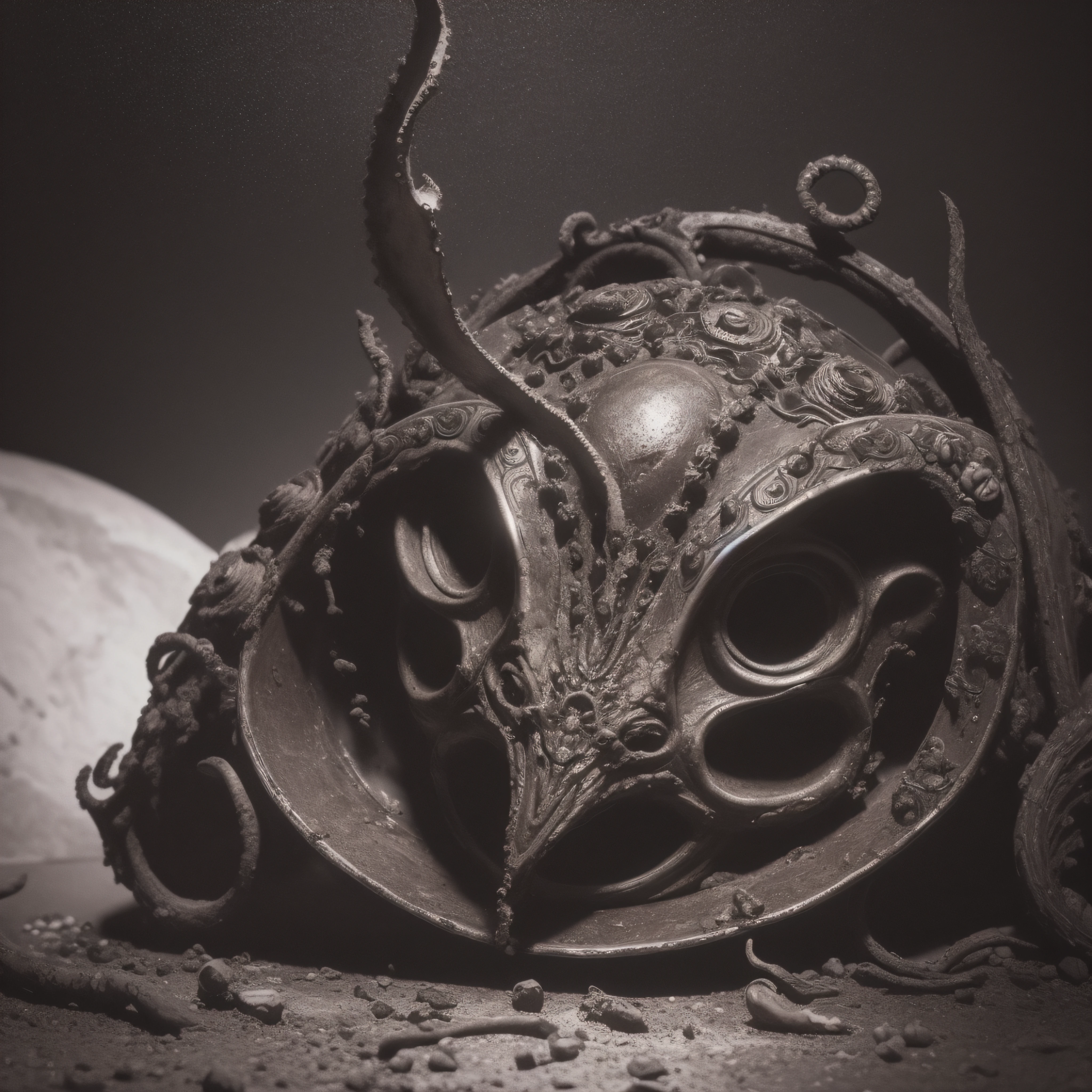 (extremadamente detallado, obra maestra, La mejor calidad), Estilo oscuro, intense illumination, rostro con arrugas, soldier, medieval armor, rusted, axe, tentacle, monstruoso, interior de una piscina de agua verdosa, imagen submarina, alien con Colmillos finos. manchas de tinta. Rococo composition. Luz de caravaggio
