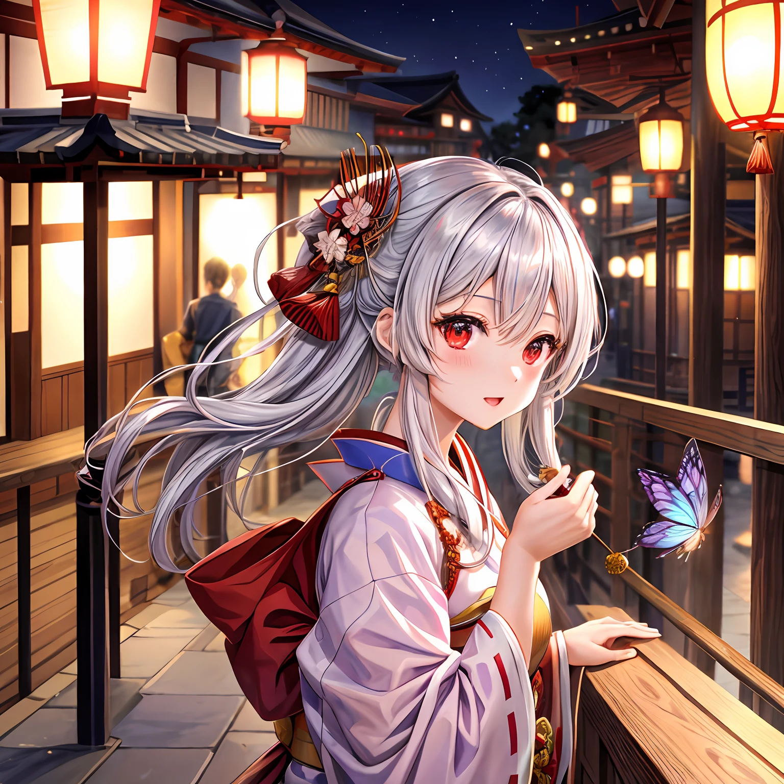 Silvery hair、red eyes、One pretty girl、独奏、animesque、Kimono、The city of Kyoto、butterflys々