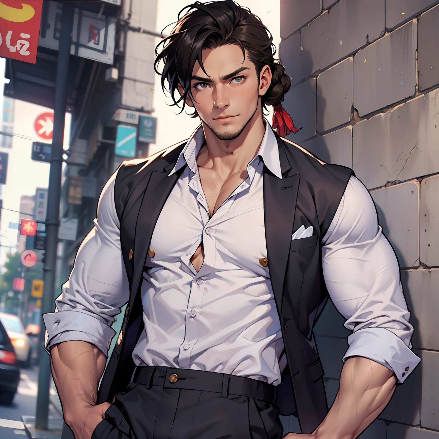 Handsome male, He has black hair, almost always unkempt but it has a certain look to it. He is tall, with broad shoulders, muscular. His face is very masculine but he has really kind eyes. Brown hazel eyes. Big bulge. Hair tied back. Trouser pants. White button up shirt