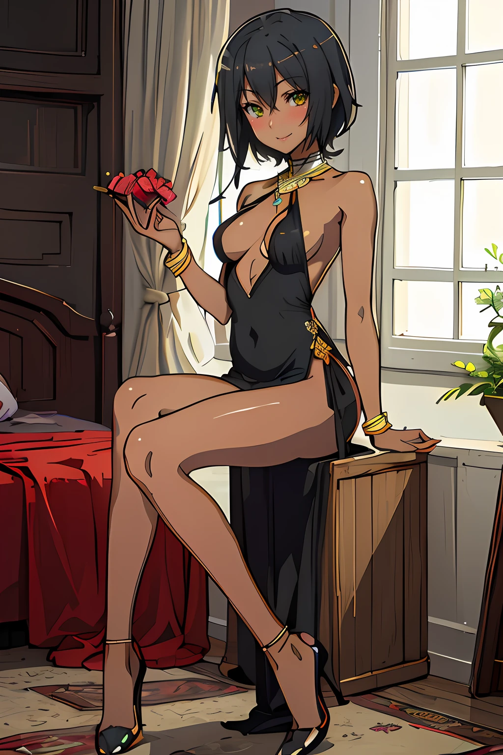 Chica anime con un vestido negro sentada en una mesa de madera, Cushart Krenz Key Art Femenino, Nico Robin, Otto Schmidt, seductora chica de anime, ojos verdes, sonriendo, Krenz Cushart y Artgerm, Negro - Mago de pelo, Cushart Kenz, commission for high resolution, Hermosa y seductora mujer de anime, por Yoshihiko Wada, por Krenz Cushart