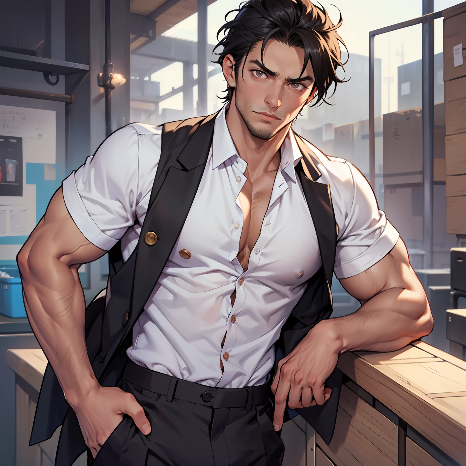 Handsome male, He has black hair, almost always unkempt but it has a certain look to it. He is tall, with broad shoulders, muscular. His face is very masculine but he has really kind eyes. Brown hazel eyes. Big bulge. Hair tied back. Trouser pants. White button up shirt