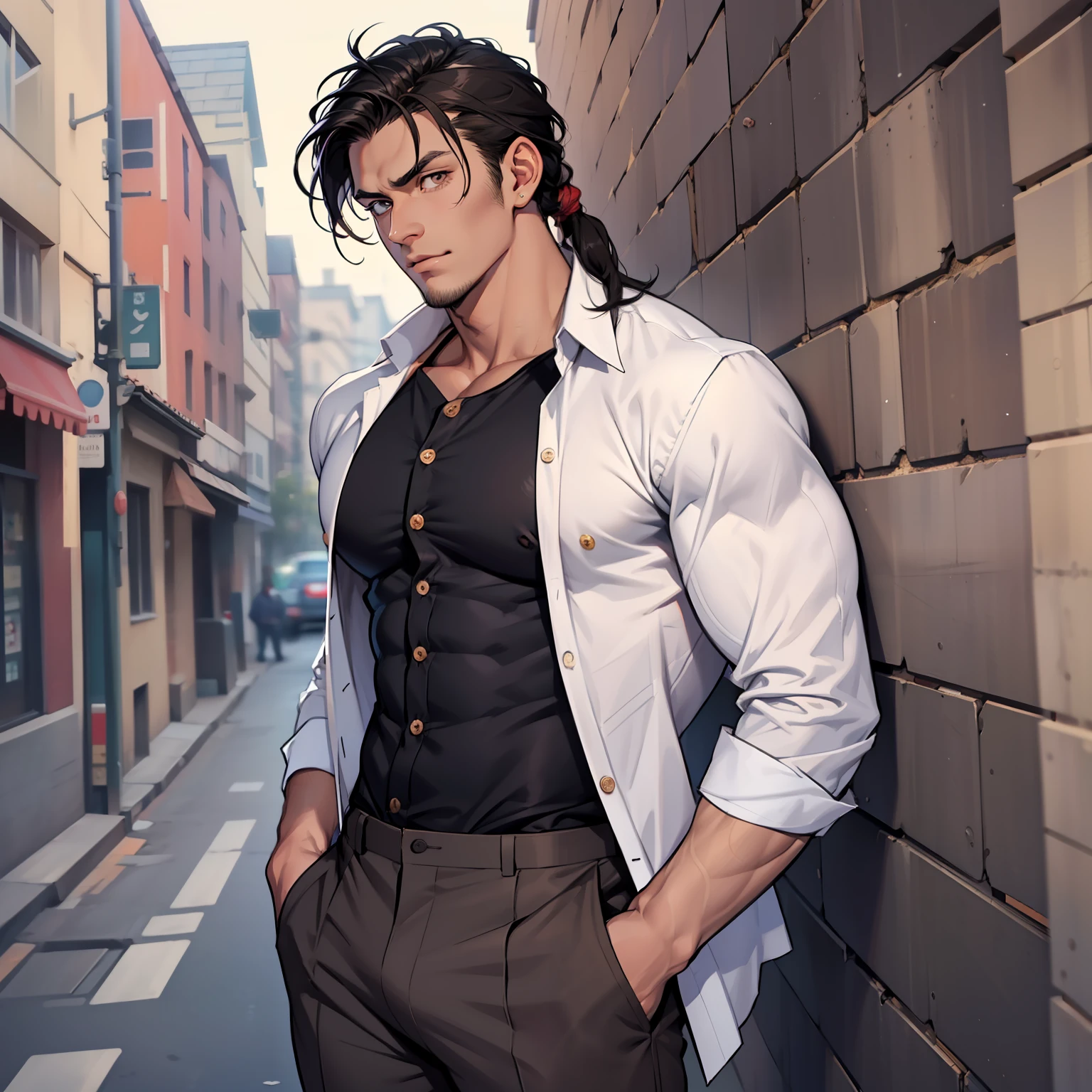 Handsome male, He has black hair, almost always unkempt but it has a certain look to it. He is tall, with broad shoulders, muscular. His face is very masculine but he has really kind eyes. Brown hazel eyes. Big bulge. Hair tied back. Trouser pants. White button up shirt
