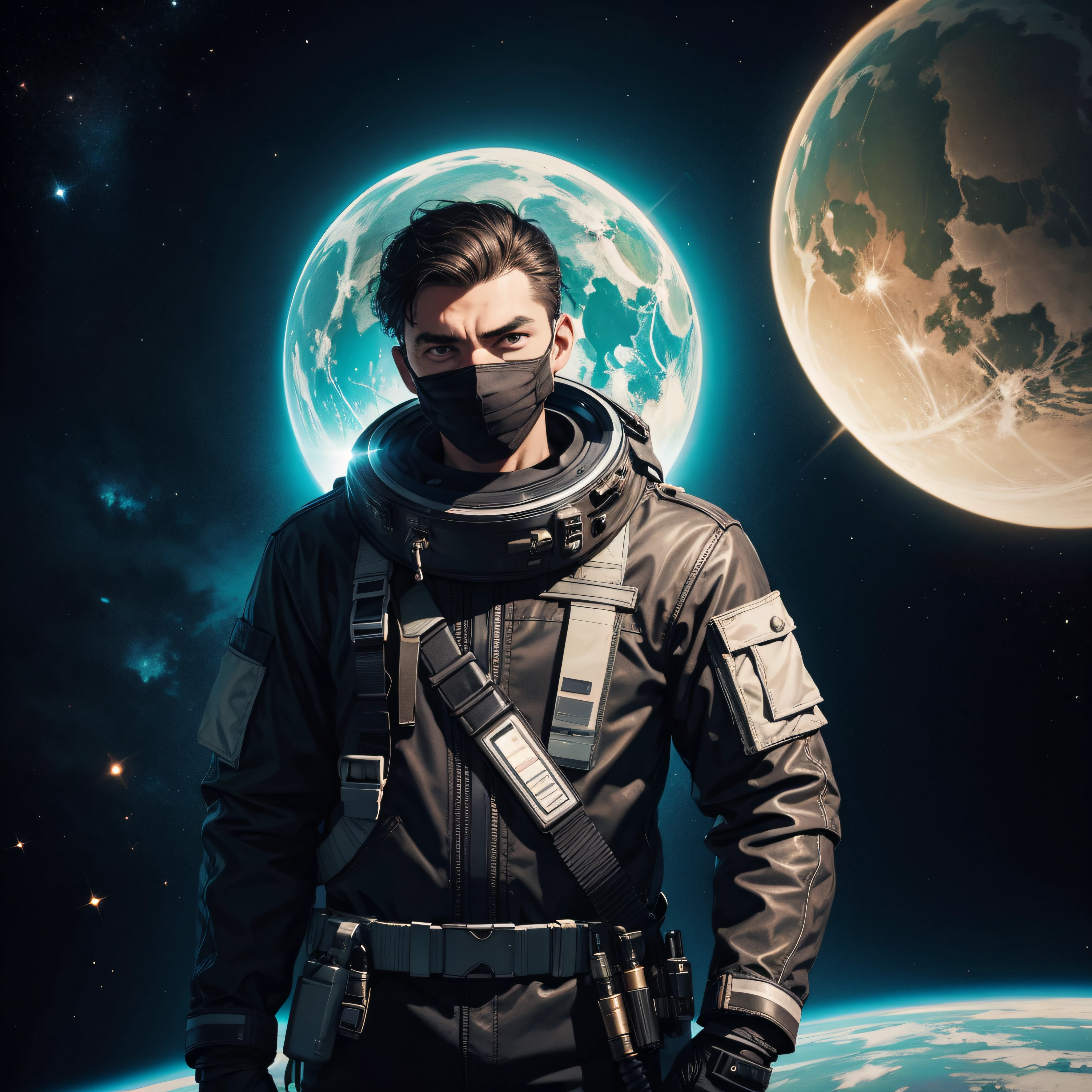 lost man with mask standing in space looking for his home