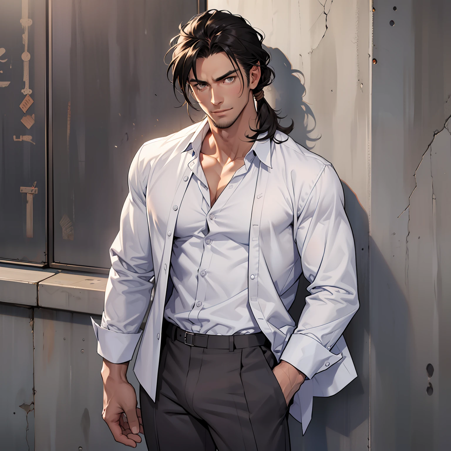 Handsome male, He has black hair, almost always unkempt but it has a certain look to it. He is tall, with broad shoulders, muscular. His face is very masculine but he has really kind eyes. Brown hazel eyes. Big bulge. Hair tied back. Trouser pants. White button up shirt