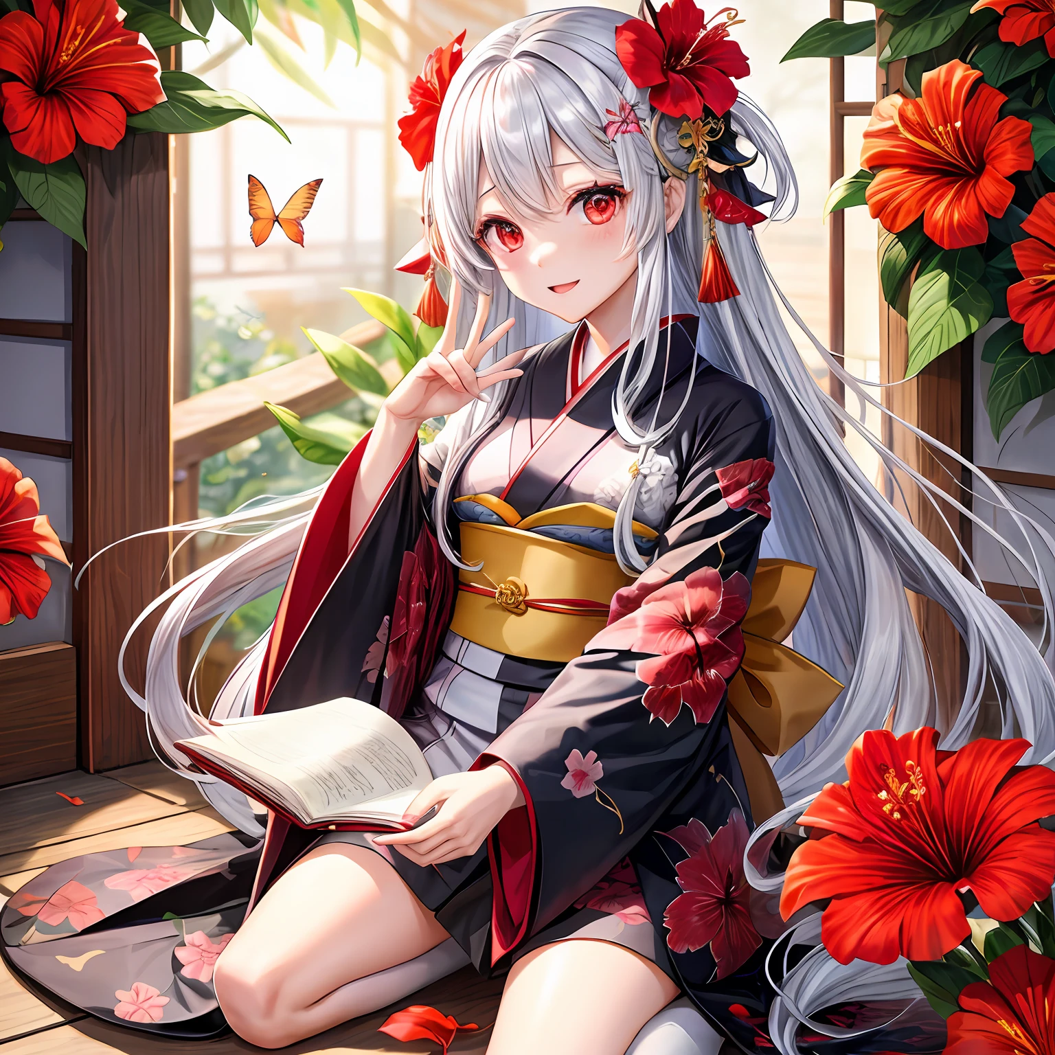 With long silver hair、red eyes、One pretty girl、独奏、animesque、Kimono、hibiscus、butterflys々