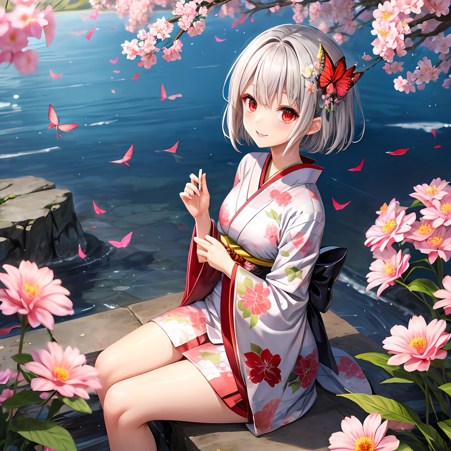 short silver hair、red eyes、One pretty girl、独奏、animesque、Kimono、flower field、butterflys々