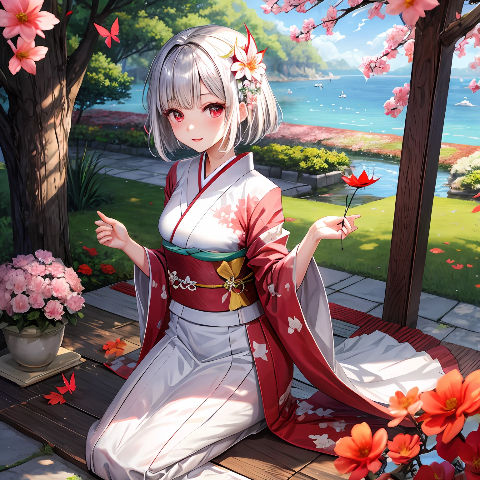 short silver hair、red eyes、One pretty girl、独奏、animesque、Kimono、flower field、butterflys々