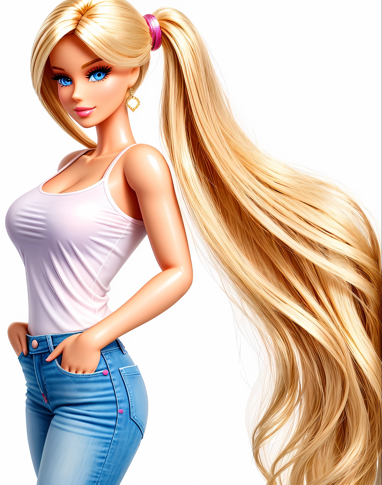 Barbie A blonde, side-faced, boldly beautiful woman stands up from the waist up on a white background, dark casual clothes perfectly fitted to her body, her eyes conveying a sense of happiness and sweetness.