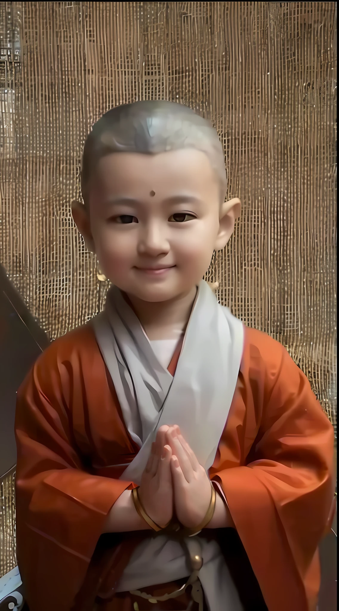 Close-up of a child in a monk's robe standing in front of a wall, inspired by Lü Ji, monk clothes, ruan jia beautiful!, Buddhist, inspired by Zhao Mengfu, yanjun cheng, young wan angel, Cai Xukun, buddhist monk, inspired by Sesshū Tōyō, mingchen shen, Yan