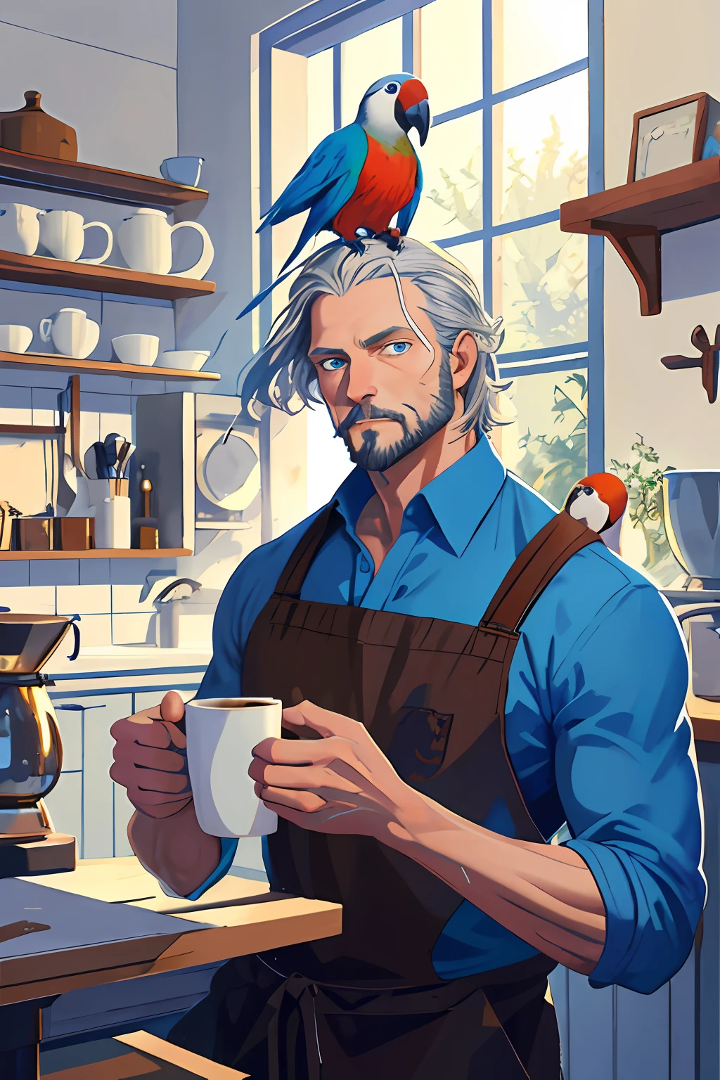 oil painting \(medium\), (best quality, masterpiece:1.3),  finely detailed eyes and detailed face,
solo mature male, tall muscular guy, shirt, coffee machine,parrot sit on his head,
silver hair, blue eyes, silver facial hair,
kitchen,