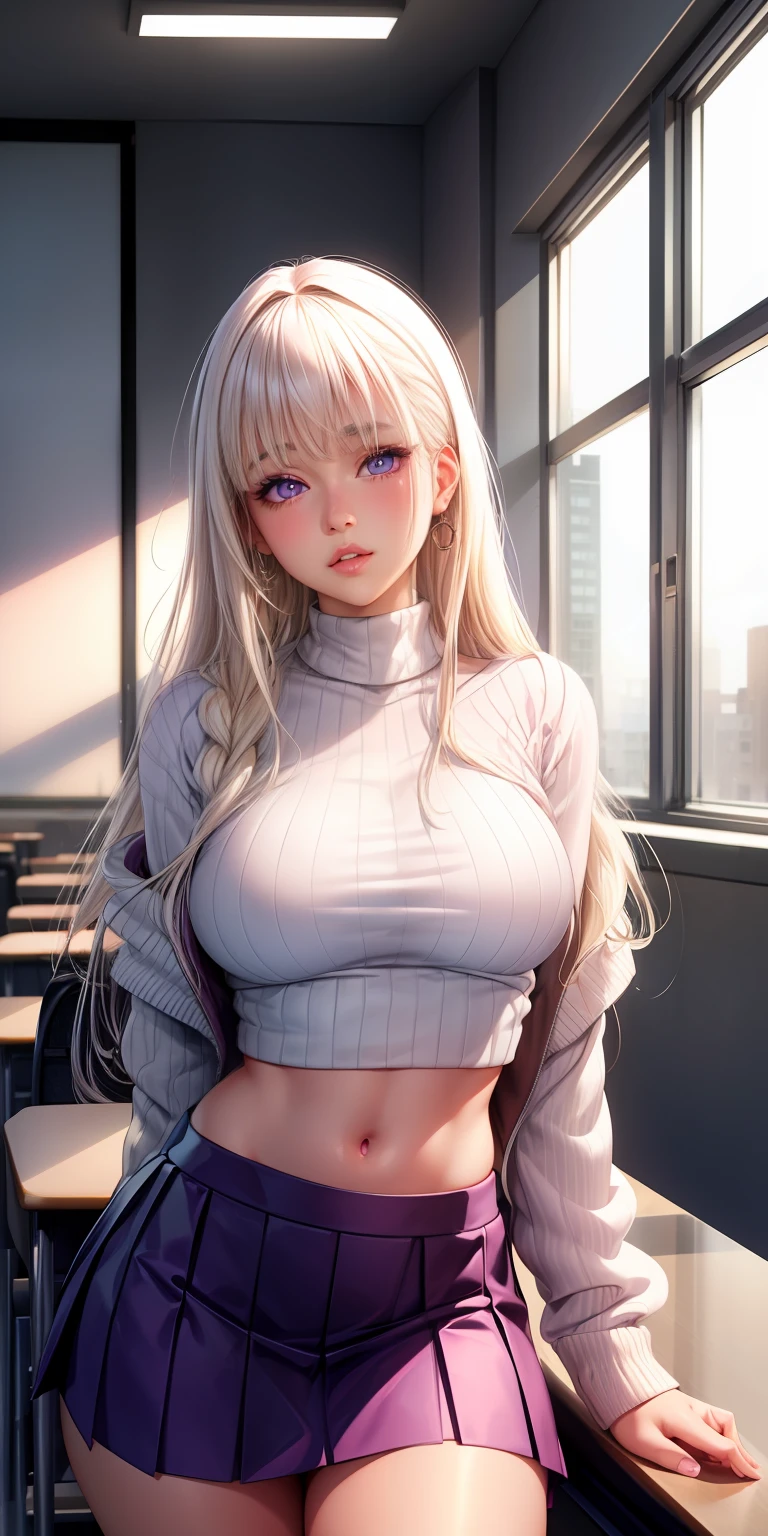 ultra-realistic, 1girl, platinum blonde hair, purple eyes, glowing eyes, sweater crop top, classroom, skirt, parted lips, blush, tinted windows