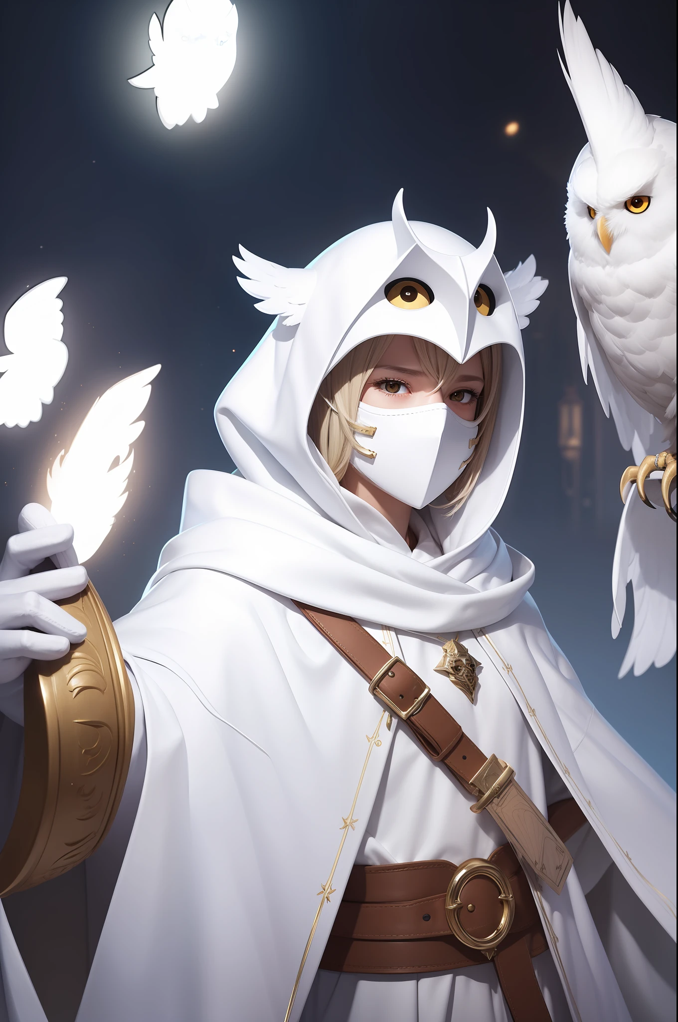 white owlon with a white hood and a white theatre mask, owls, glowing white owl, inspired by WLOP, adorable digital painting, RPG character, dnd race