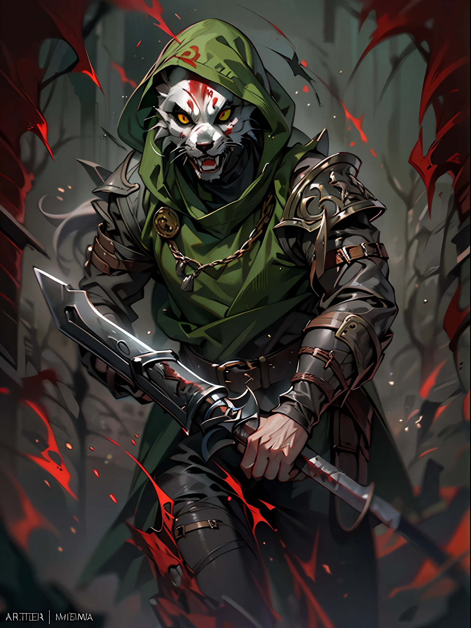 (mejor calidad, obra maestra), arte de terror, 1 joven rudo ,lobos, espinas,fuerte,armadura, sangre, oscuridad,verde intenso