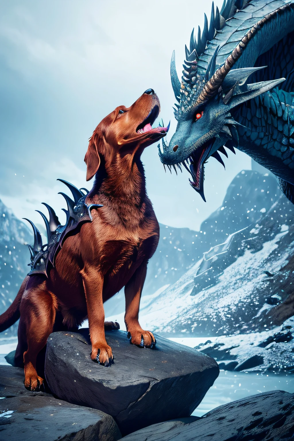 There's a Labrador dog sitting on a rock on the icy mountain with a dragon on it, Hiper-realista D & d fantasy art, realistic fantasy illustration, d & D Arte Digital Fantasia, arte de fantasia hiperrealista, retrato premiado da criatura, flying mythical beasts, arte fantasia behance, Arte de fantasia 4k, arte de fantasia realista, Dungeons and Dragons Arte de fantasia, dragon kissing, battle with dragon