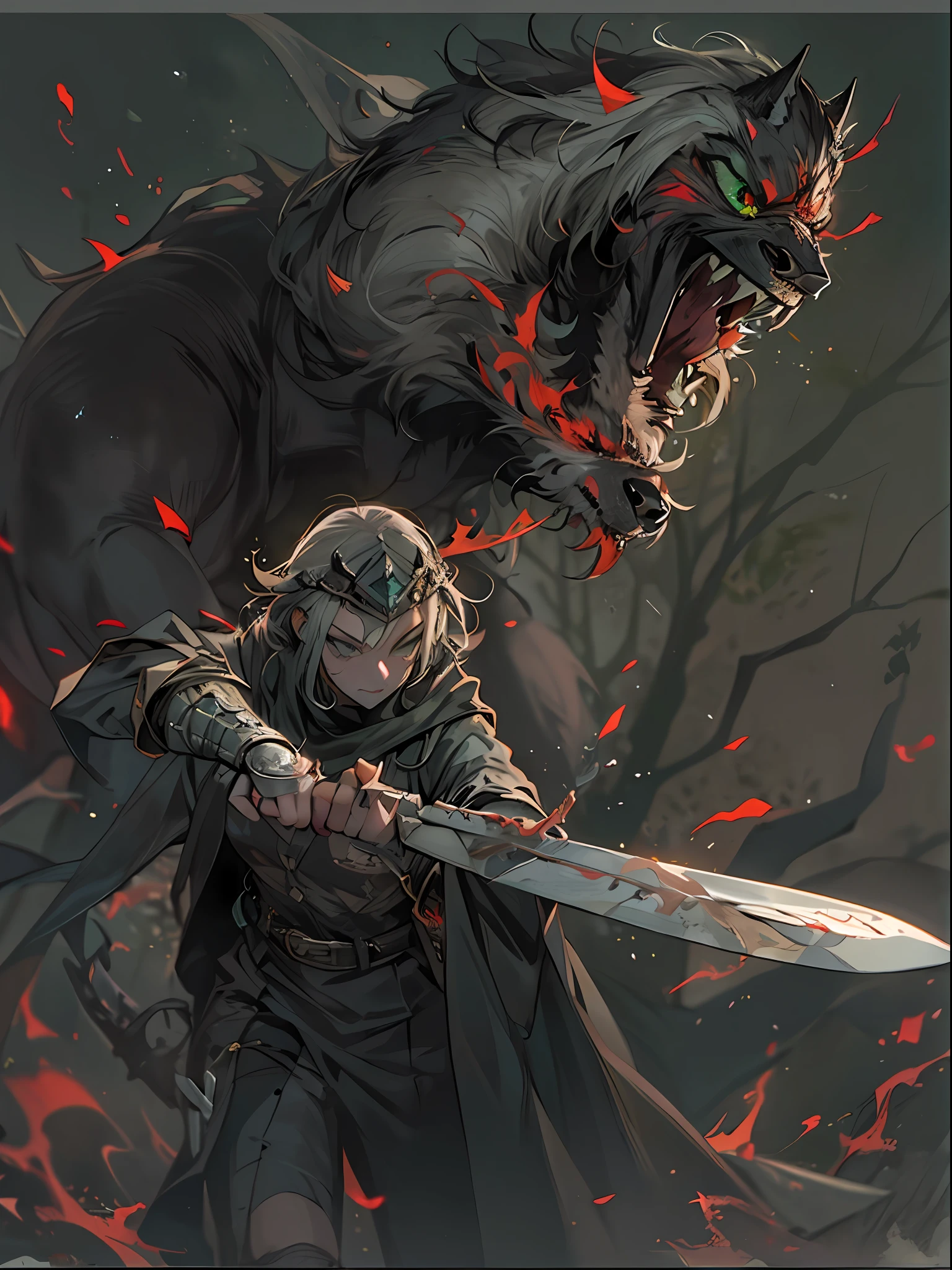 (mejor calidad, obra maestra), arte de terror, 1 joven rudo ,lobos, espinas,fuerte,armadura, sangre, oscuridad,verde intenso